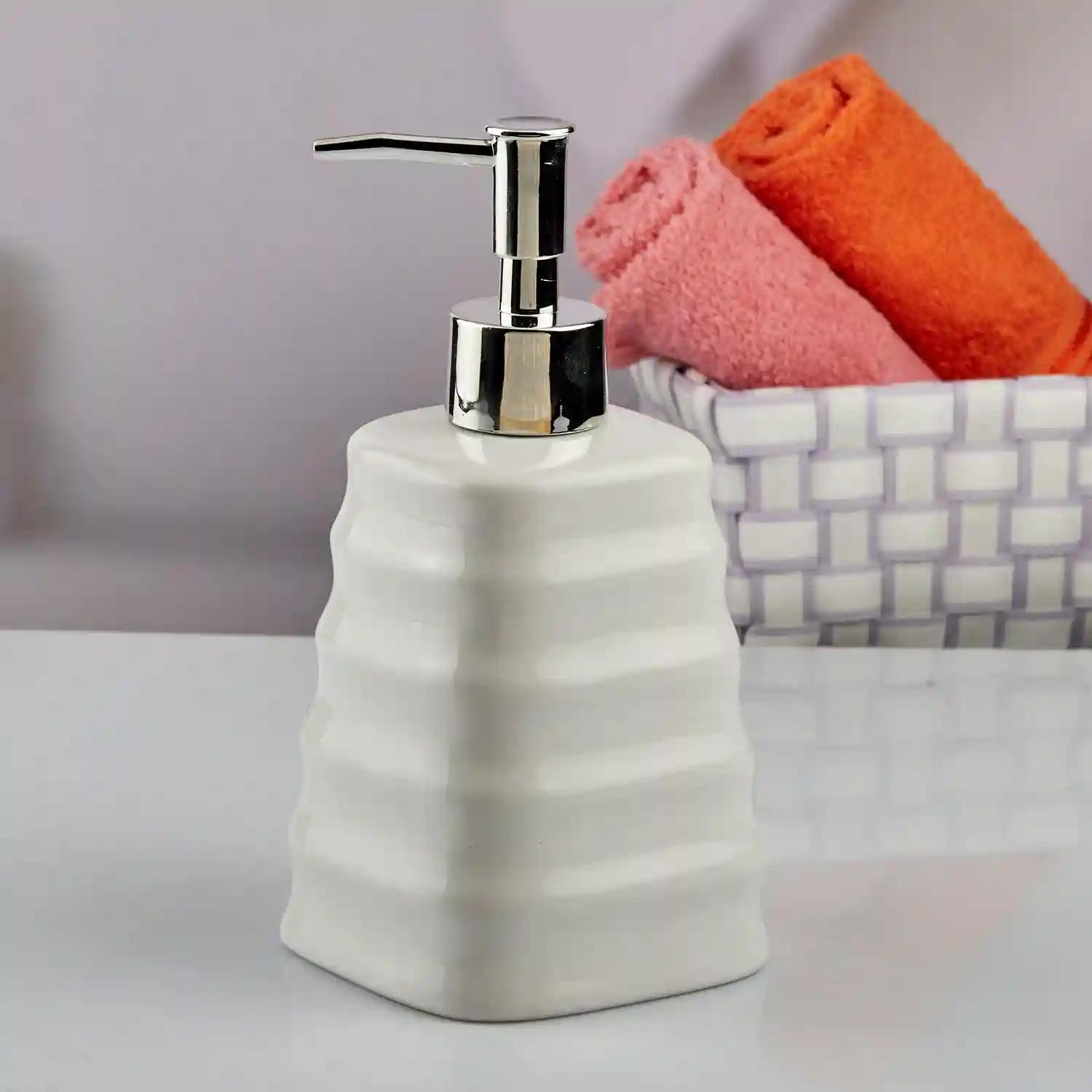 Kookee Ceramic Soap Dispenser for Bathroom hand wash, refillable pump bottle for Kitchen hand wash basin, Set of 2, White (10990)