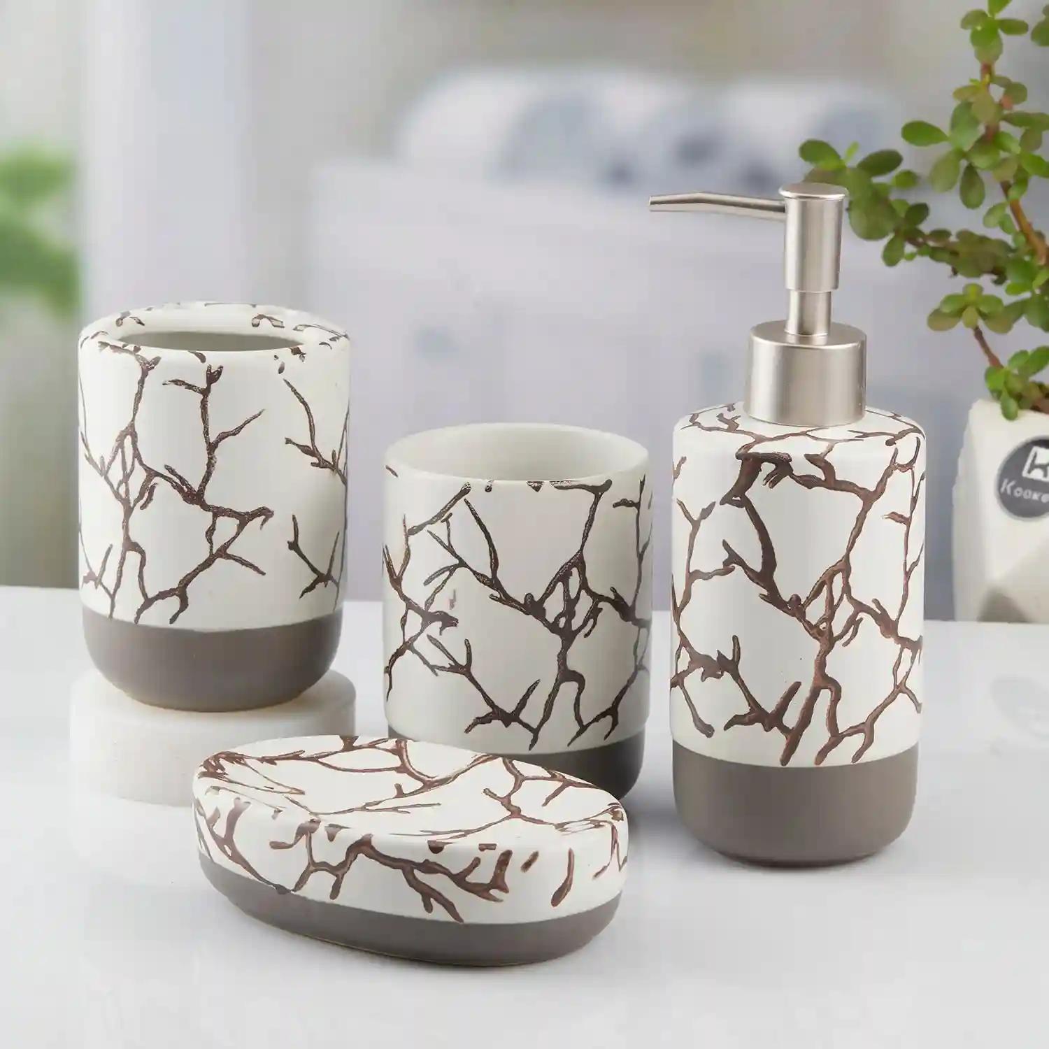 Kookee Ceramic Bathroom Accessories Set of 4, Modern Bath Set with Liquid hand wash Soap Dispenser and Toothbrush holder, Luxury Gift Accessory for Home, White/Grey (10465)