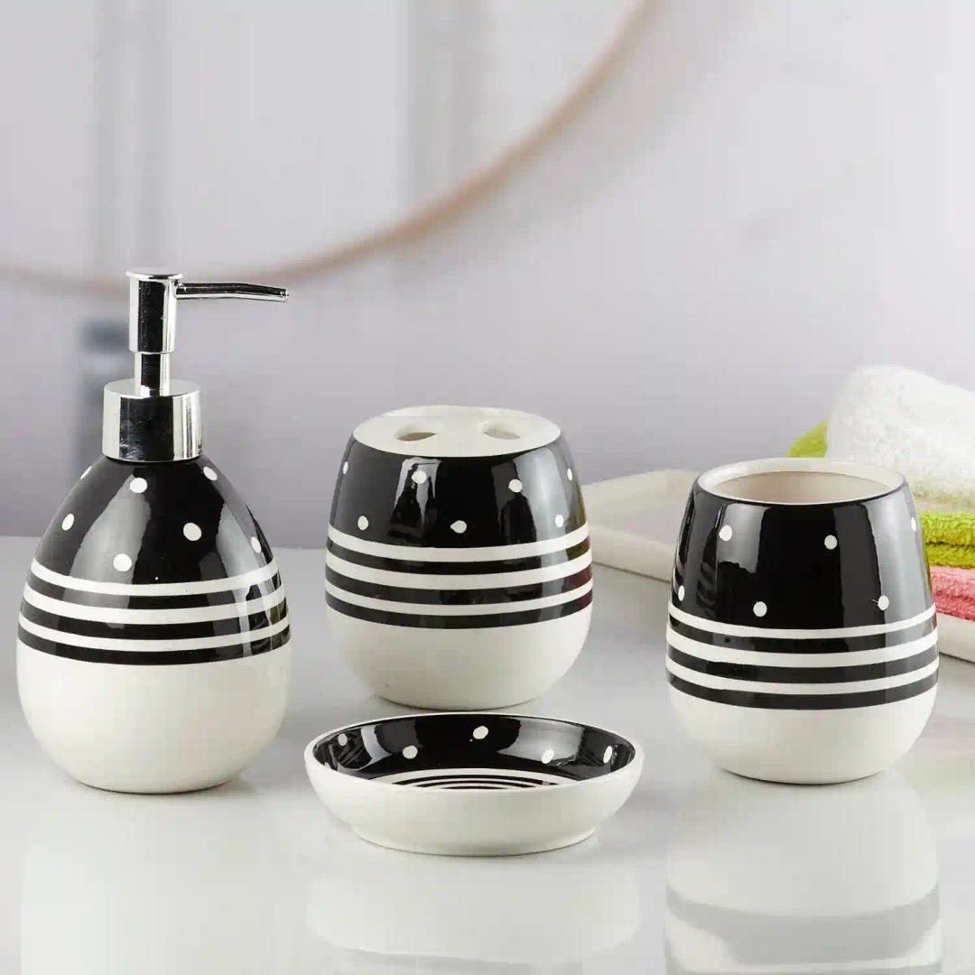 Kookee Ceramic Bathroom Accessories Set of 4, Modern Bath Set with Liquid handwash Soap Dispenser and Toothbrush holder, Luxury Gift Accessory for Home - White & Black (10158)