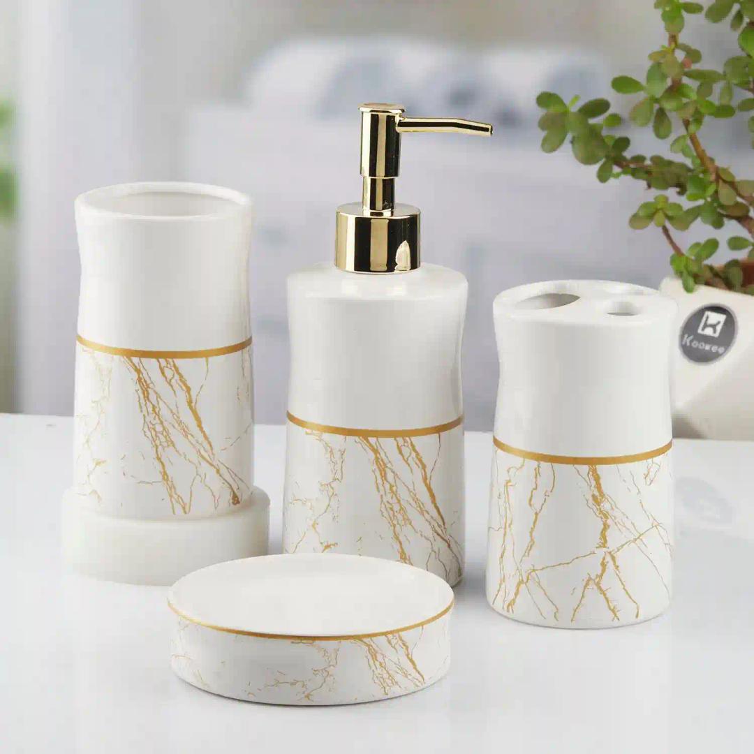 Kookee Ceramic Bathroom Accessories Set of 4, Modern Bath Set with Liquid hand wash Soap Dispenser and Toothbrush holder, Luxury Gift Accessory for Home, White/Gold (10476)