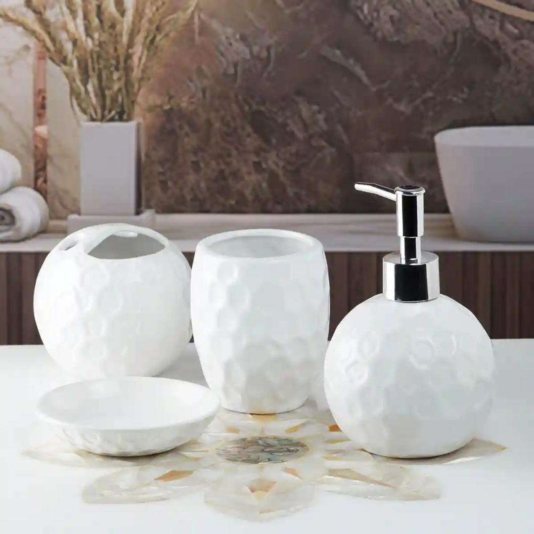 Kookee Ceramic Bathroom Accessories Set of 4, Modern Bath Set with Liquid handwash Soap Dispenser and Toothbrush holder, Luxury Gift Accessory for Home - White (10117)