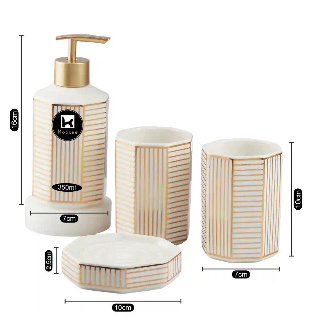 Kookee Ceramic Bathroom Accessories Set of 4, Modern Bath Set with Liquid hand wash Soap Dispenser and Toothbrush holder, Luxury Gift Accessory for Home, White/Gold (10388)