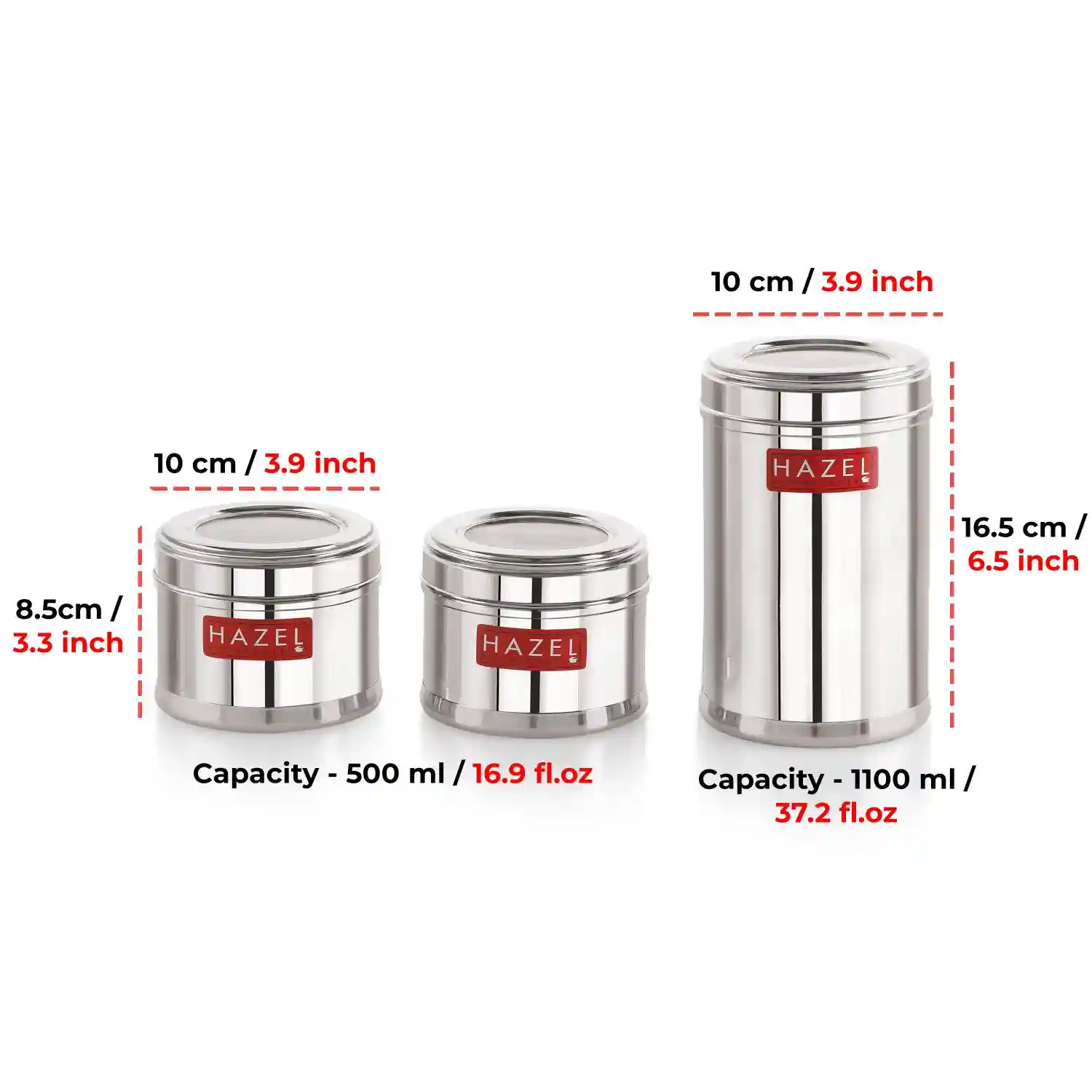 HAZEL Stainless Steel Container for Kitchen Storage Set of 3 | Stainless Steel Top See Through Storage Containers for Kitchen Airtight