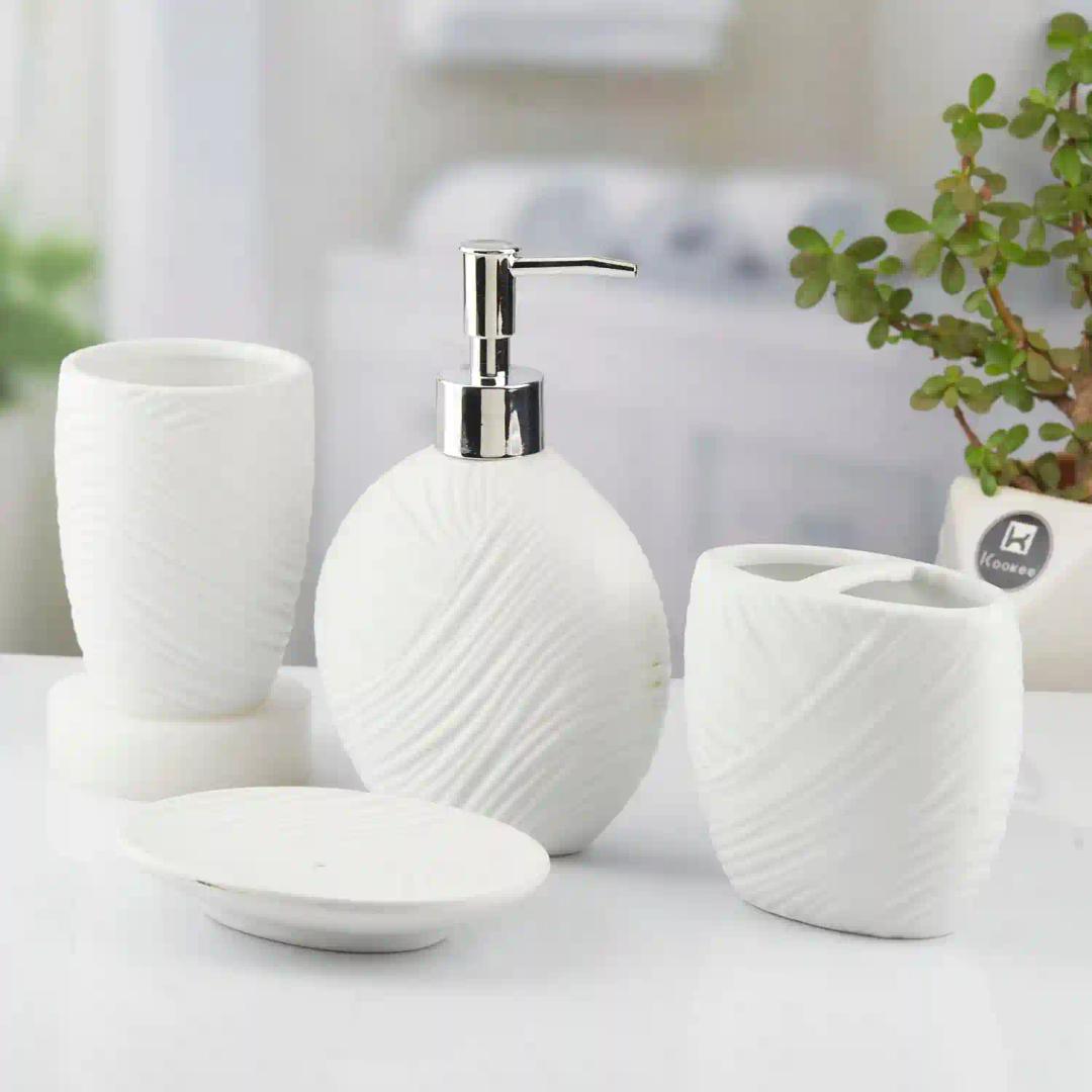 Kookee Ceramic Bathroom Accessories Set of 4, Modern Bath Set with Liquid hand wash Soap Dispenser and Toothbrush holder, Luxury Gift Accessory for Home, White (10431)