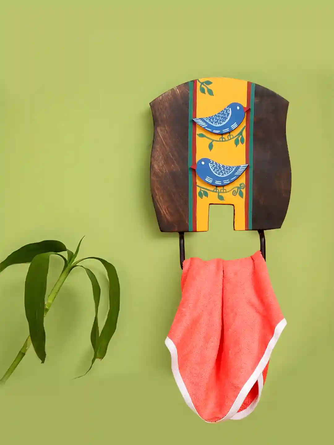 Shilpkara Love Birds Handcrafted Wooden Towel Ring Holder with Curved Handle