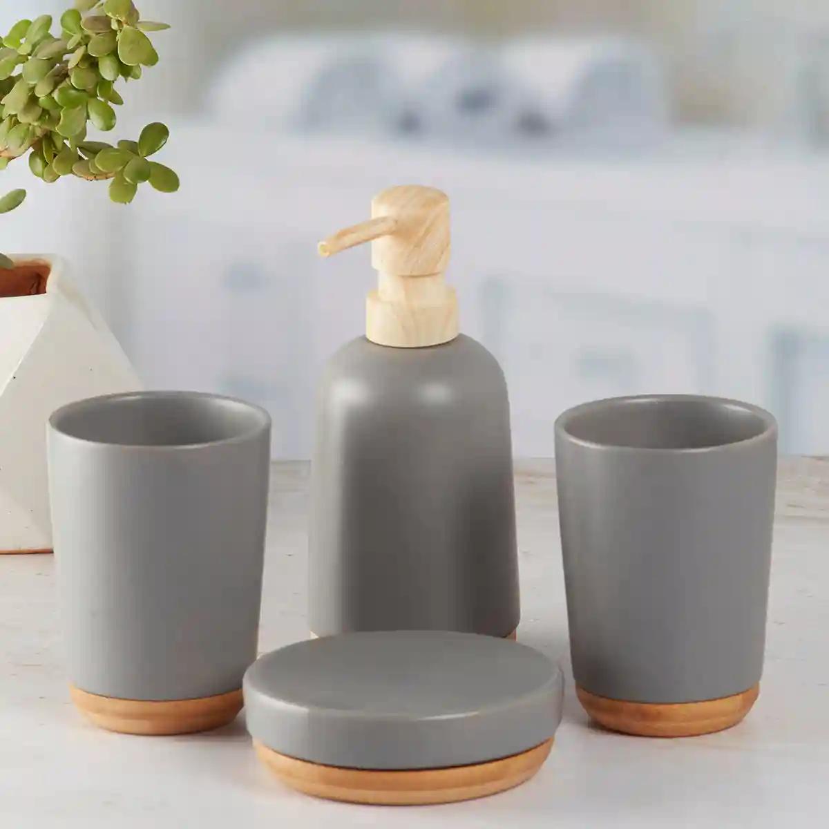 Kookee Ceramic Bathroom Accessories Set of 4, Modern Bath Set with Liquid handwash Soap Dispenser and Toothbrush holder, Luxury Gift Accessory for Home - Grey (9625)