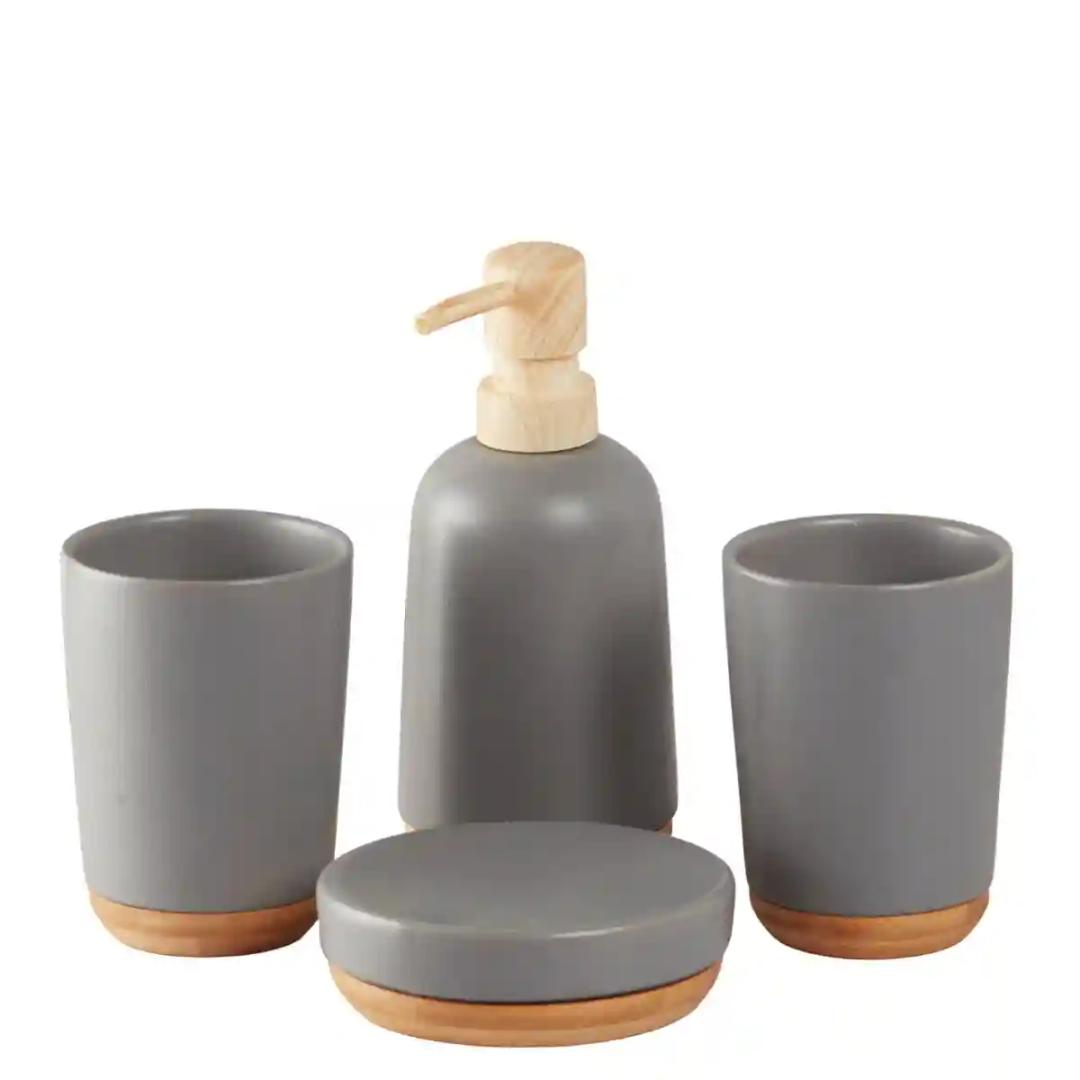 Kookee Ceramic Bathroom Accessories Set of 4, Modern Bath Set with Liquid handwash Soap Dispenser and Toothbrush holder, Luxury Gift Accessory for Home - Grey (9625)