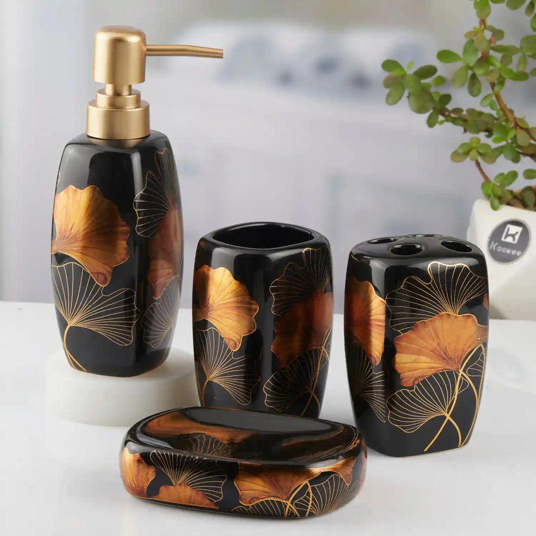 Kookee Ceramic Bathroom Accessories Set of 4, Modern Bath Set with Liquid hand wash Soap Dispenser and Toothbrush holder, Luxury Gift Accessory for Home, Black (10396)