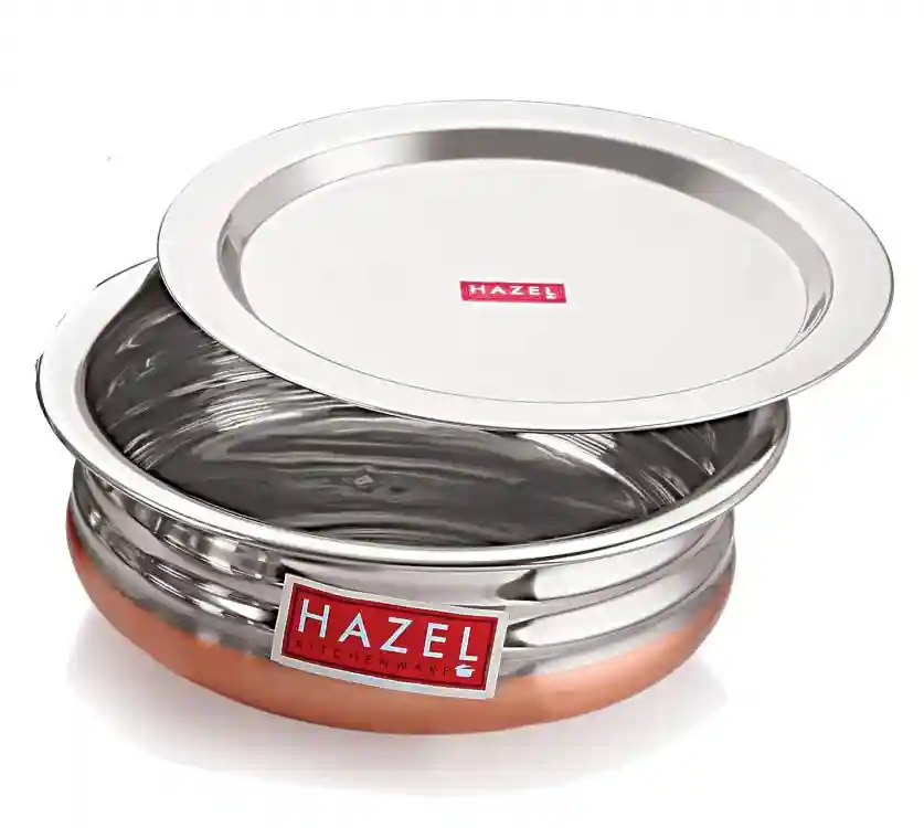 HAZEL Copper Bottom Urli Handi Set with Lid Cover| Premium Stainless Steel Cookware Set | Serving Cooking Tope Bowl for Kitchen | Copper Bottom Vessels for Cooking, 3 Piece