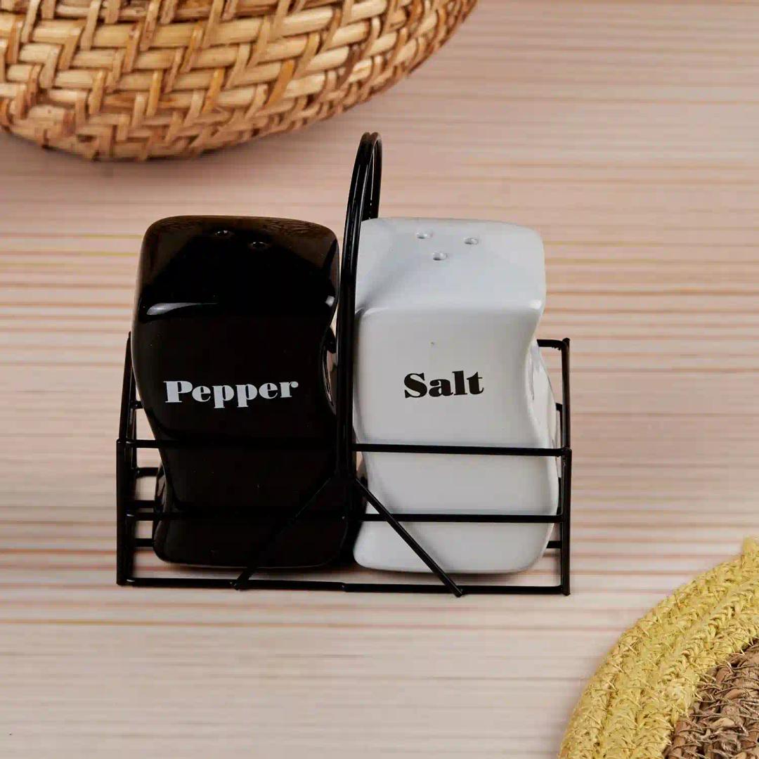 Kookee Ceramic Salt and Pepper Shakers Set with tray for Dining Table used as Namak Dhani, Shaker, Sprinkler, Spices Dispenser for Home, Kitchen and Restaurant, Black/White (10659)