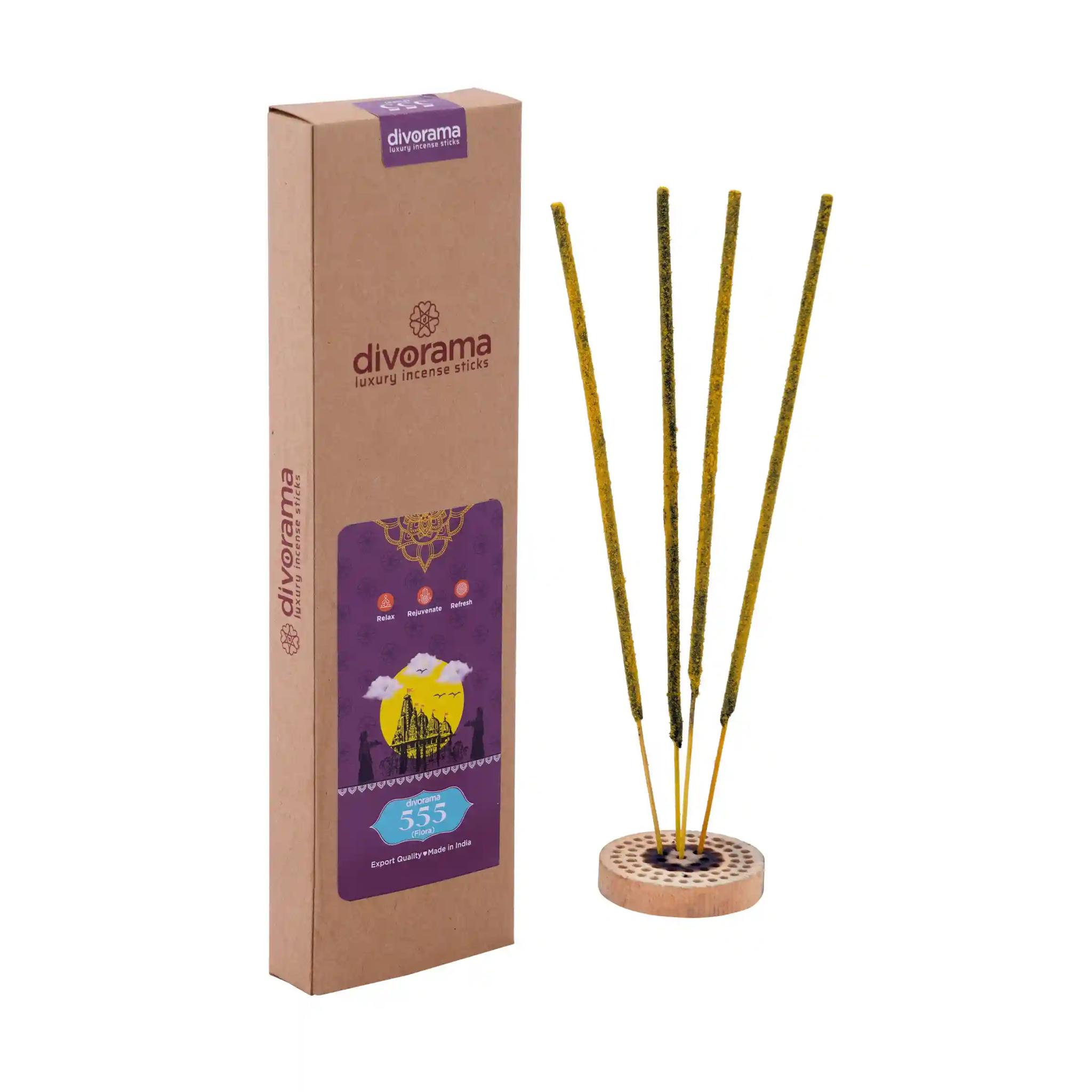 DivoRama Premium 555 Flora  Incense Masala Agarbatti - 100% Natural Indian Aroma - Long Lasting 555 Flora Agarbatti for Puja, Meditation, Happy Vibes - 45 Sticks-Pack of 1