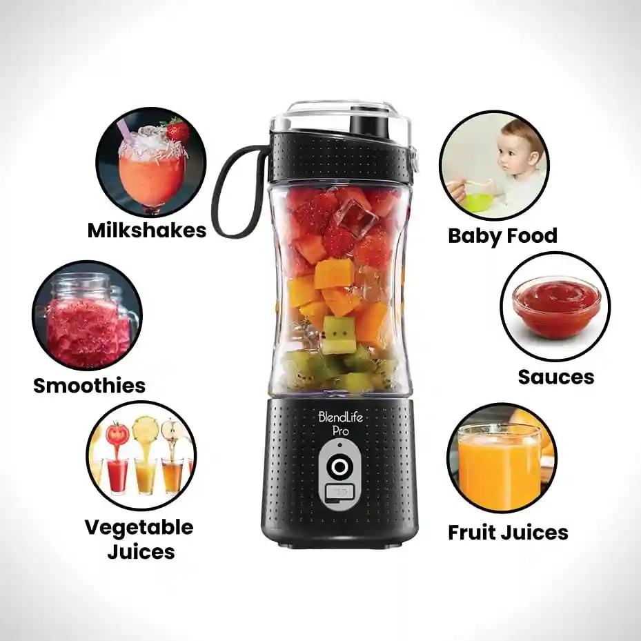 BlendLife Pro Portable Blender With Sipper for Juices, Shakes, Baby Food, Crushes Hard Ingredients, 210 Watts, Motor, 4000mah USB Rechargeable Battery, 400ml Inbuilt Jar and Carry Handle - Black
