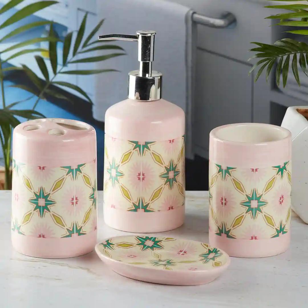 Kookee Ceramic Bathroom Accessories Set of 4, Modern Bath Set with Liquid hand wash Soap Dispenser and Toothbrush holder, Luxury Gift Accessory for Home, Pink (8120)