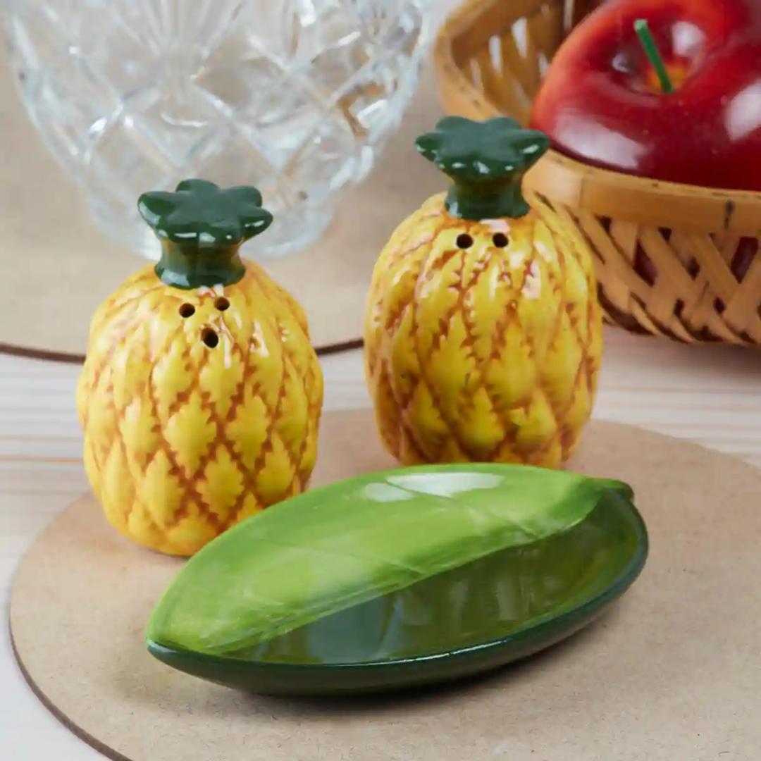 Kookee Ceramic Salt and Pepper Shakers Set with tray for Dining Table used as Namak Dhani, Shaker, Sprinkler, Spices Dispenser for Home, Kitchen and Restaurant, Pineapple (9968)