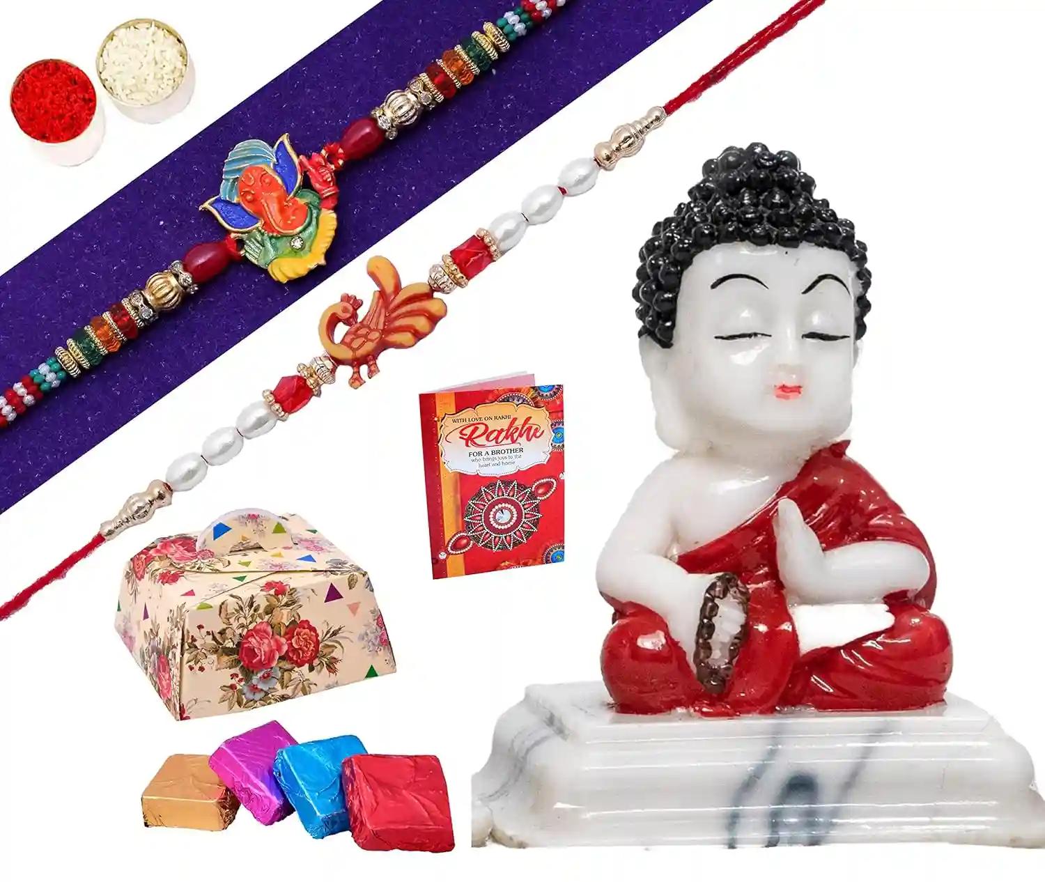 Set Of 2 Rakhi With Gift For Brother/Rakhi For Brother Combo/Rakhi Gift Combo-Kundan Rakhi+Beads Rakhi+Showpiece Figurine +Roli, Chawal+Raksha Bandhan Greeting Card