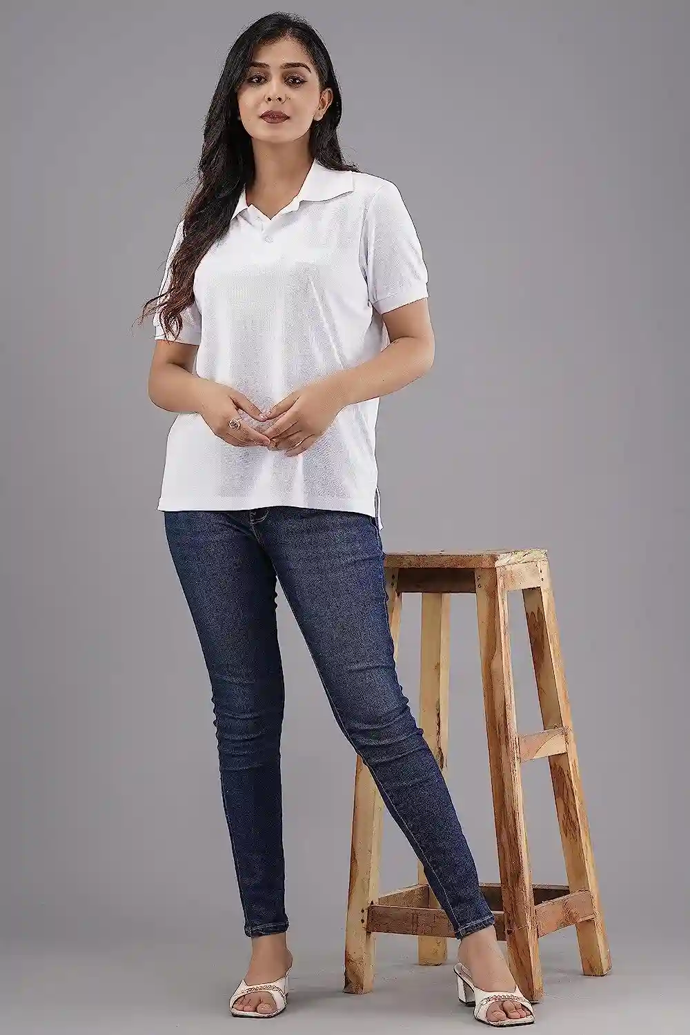 Cotton Polo Neck T-Shirt For Women - White (Small)