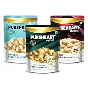 PUREHEART  Nutreat Peeled Almonds Natural, Salted and Flavoured Almonds (80 gm, Each) Combo Flavours of Venice - Whole Blanched California Premium Almond Nuts Without Skin/Dried Badam/Dry Fruit