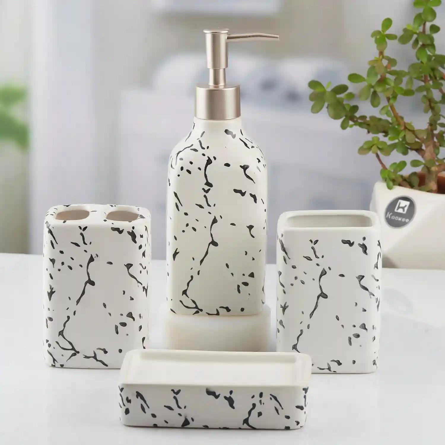 Kookee Ceramic Bathroom Accessories Set of 4, Modern Bath Set with Liquid hand wash Soap Dispenser and Toothbrush holder, Luxury Gift Accessory for Home, White (10445)