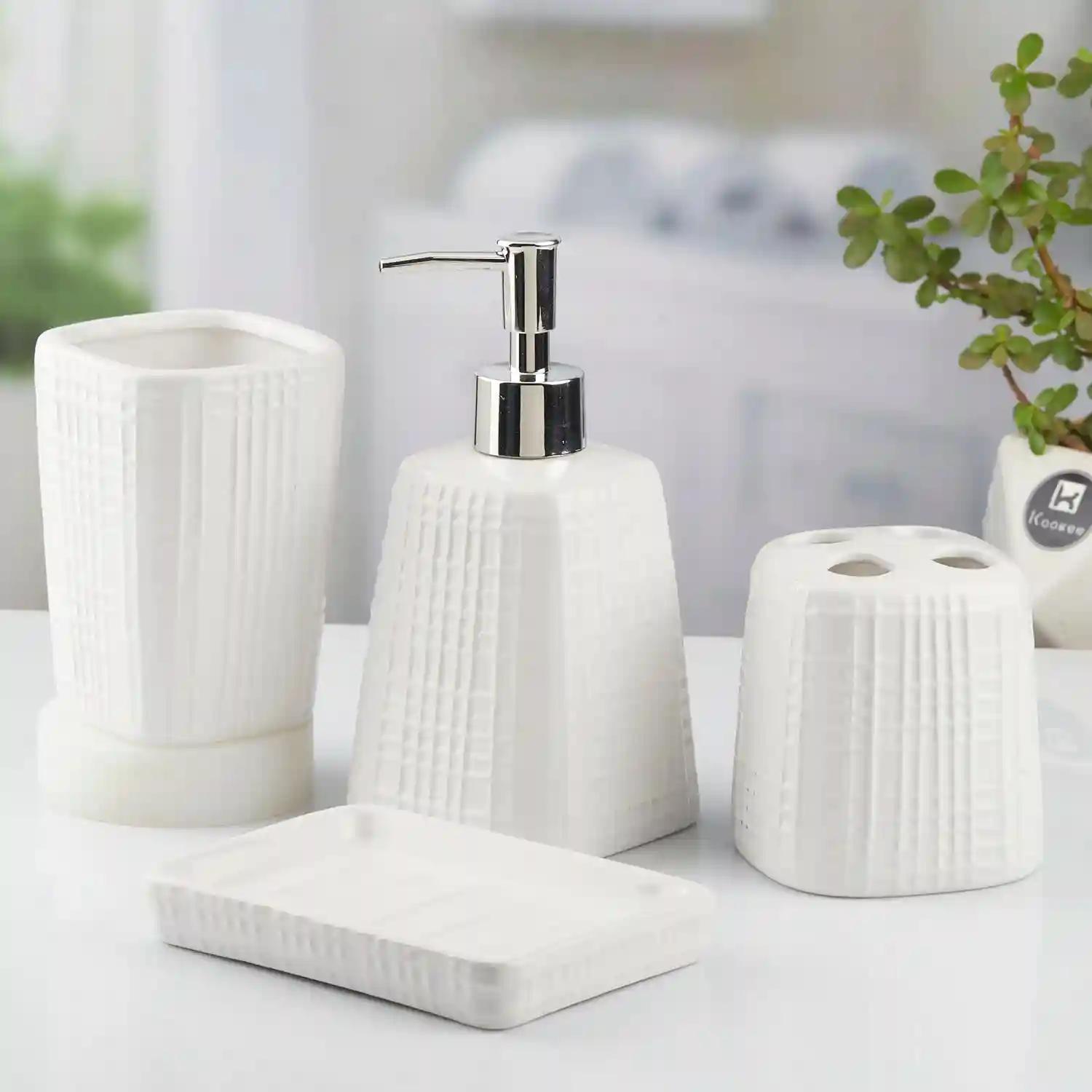 Kookee Ceramic Bathroom Accessories Set of 4, Modern Bath Set with Liquid hand wash Soap Dispenser and Toothbrush holder, Luxury Gift Accessory for Home, White (10466)