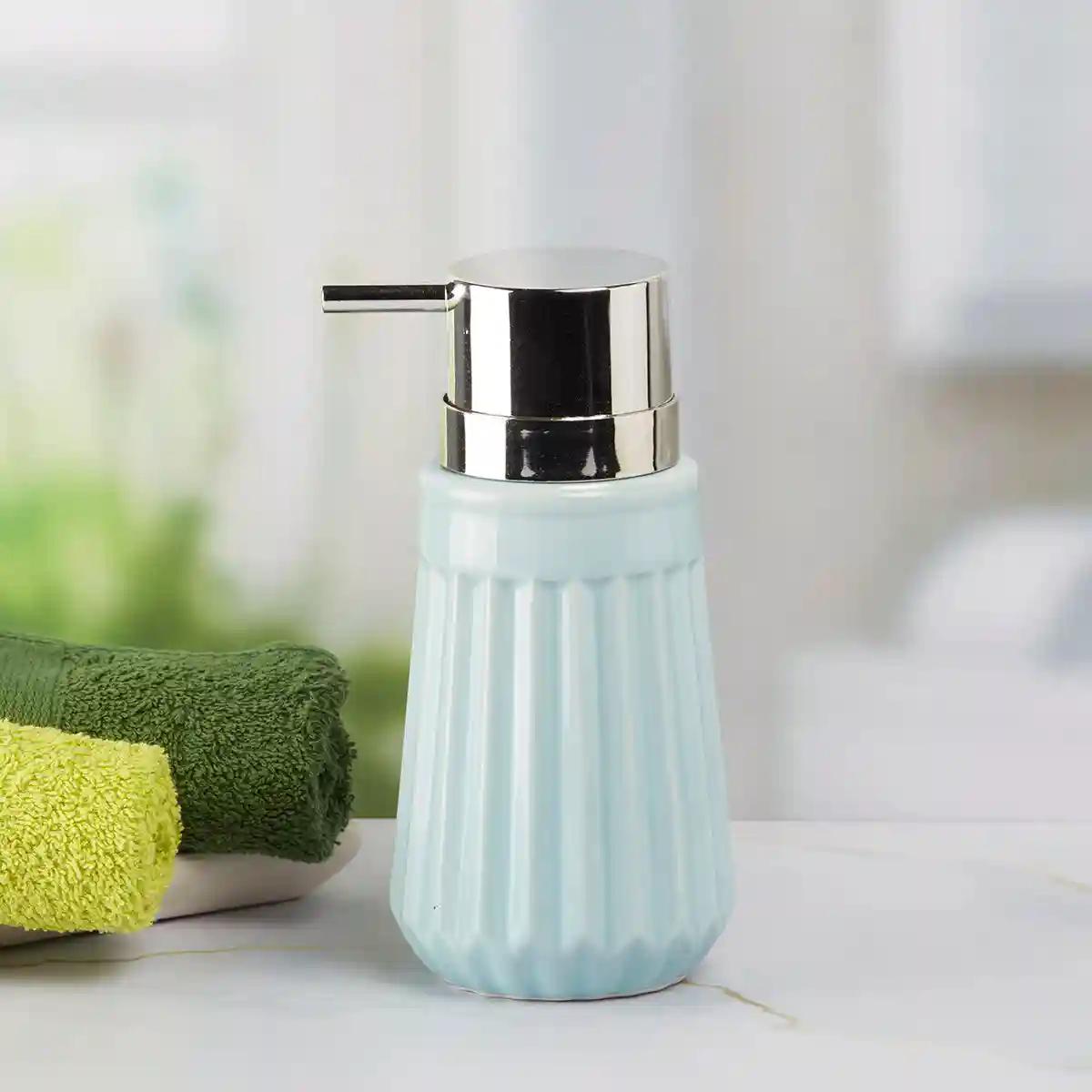 Kookee Ceramic Soap Dispenser for Bathroom handwash, refillable pump bottle for Kitchen hand wash basin, Set of 2 - Blue (7980)