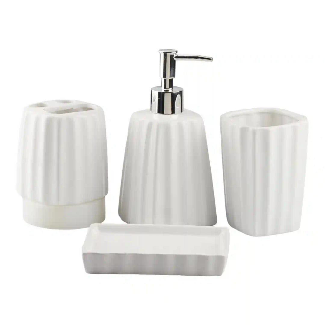 Kookee Ceramic Bathroom Accessories Set of 4, Modern Bath Set with Liquid hand wash Soap Dispenser and Toothbrush holder, Luxury Gift Accessory for Home, White (10468)