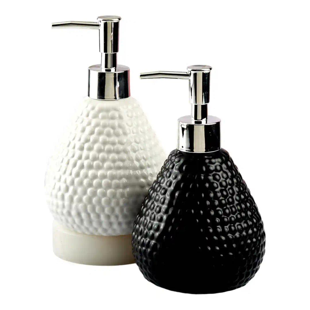 Kookee Ceramic Soap Dispenser for Bathroom hand wash, refillable pump bottle for Kitchen hand wash basin, Set of 2, White/Black (10536)