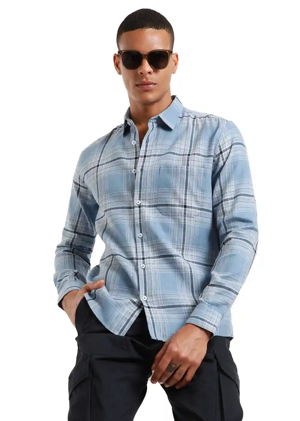 Banana Club Melange Check Cool Blue Shirt- (Small)