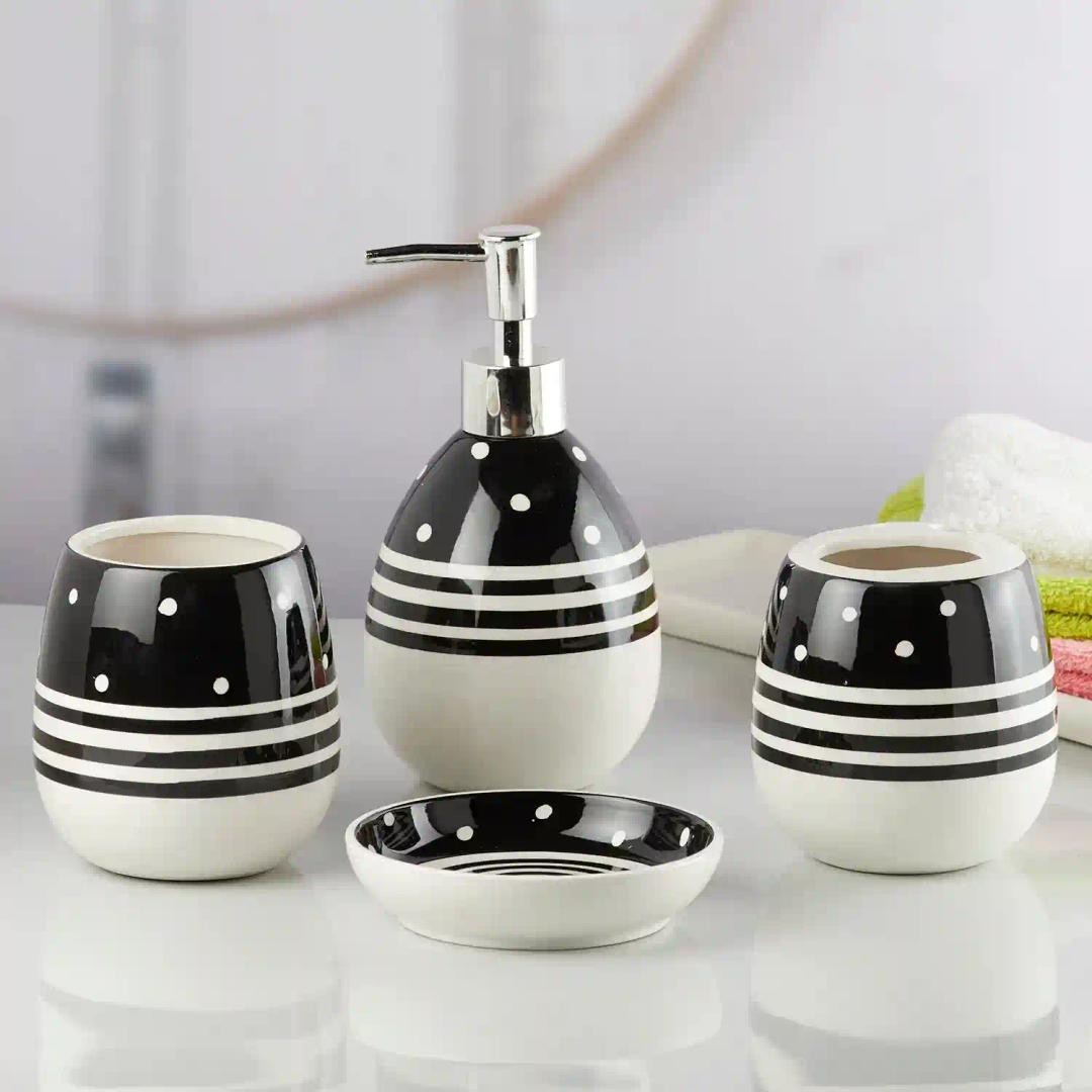 Kookee Ceramic Bathroom Accessories Set of 4, Modern Bath Set with Liquid handwash Soap Dispenser and Toothbrush holder, Luxury Gift Accessory for Home - White & Black (10158)