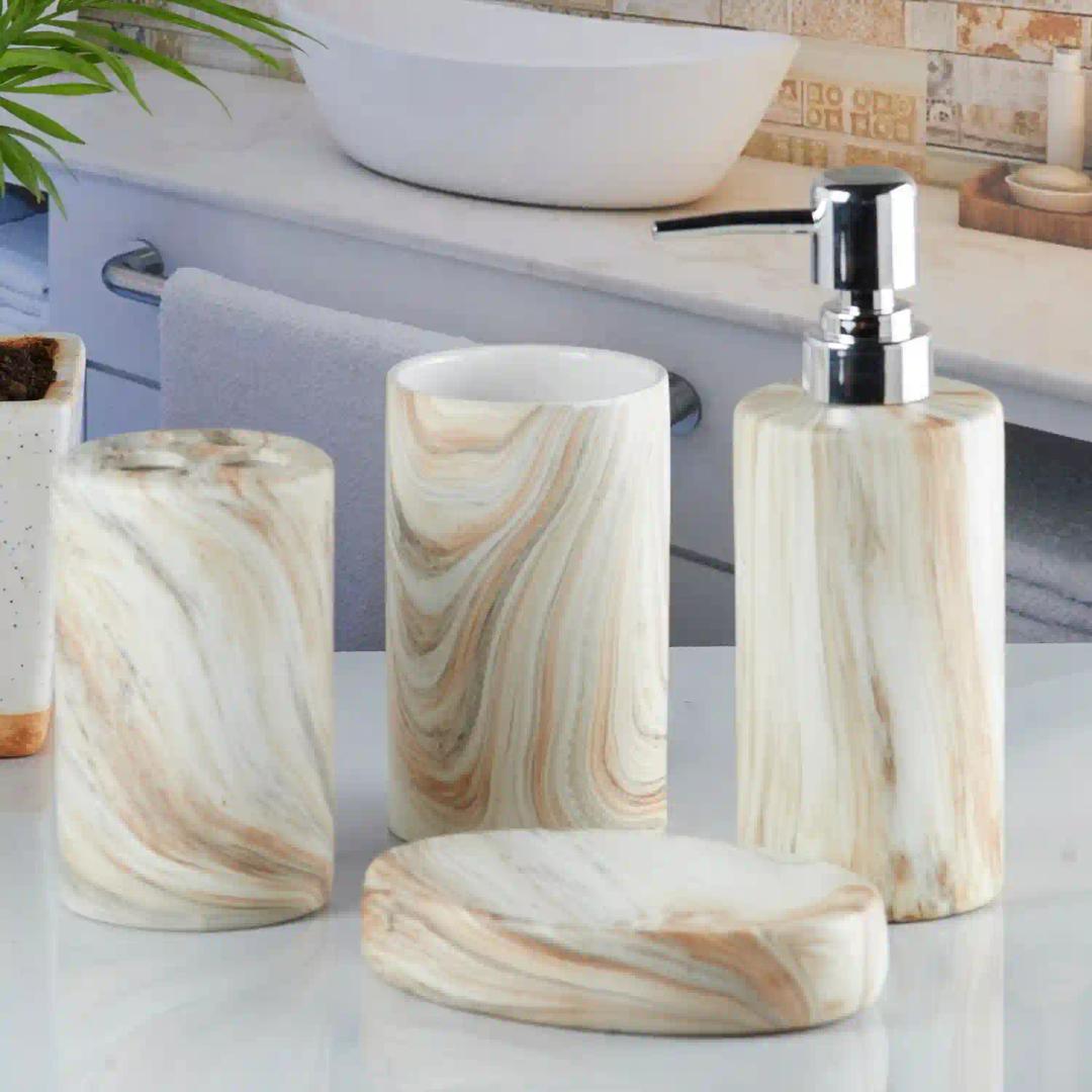 Kookee Ceramic Bathroom Accessories Set of 4, Modern Bath Set with Liquid handwash Soap Dispenser and Toothbrush holder, Luxury Gift Accessory for Home - Beige (8243)