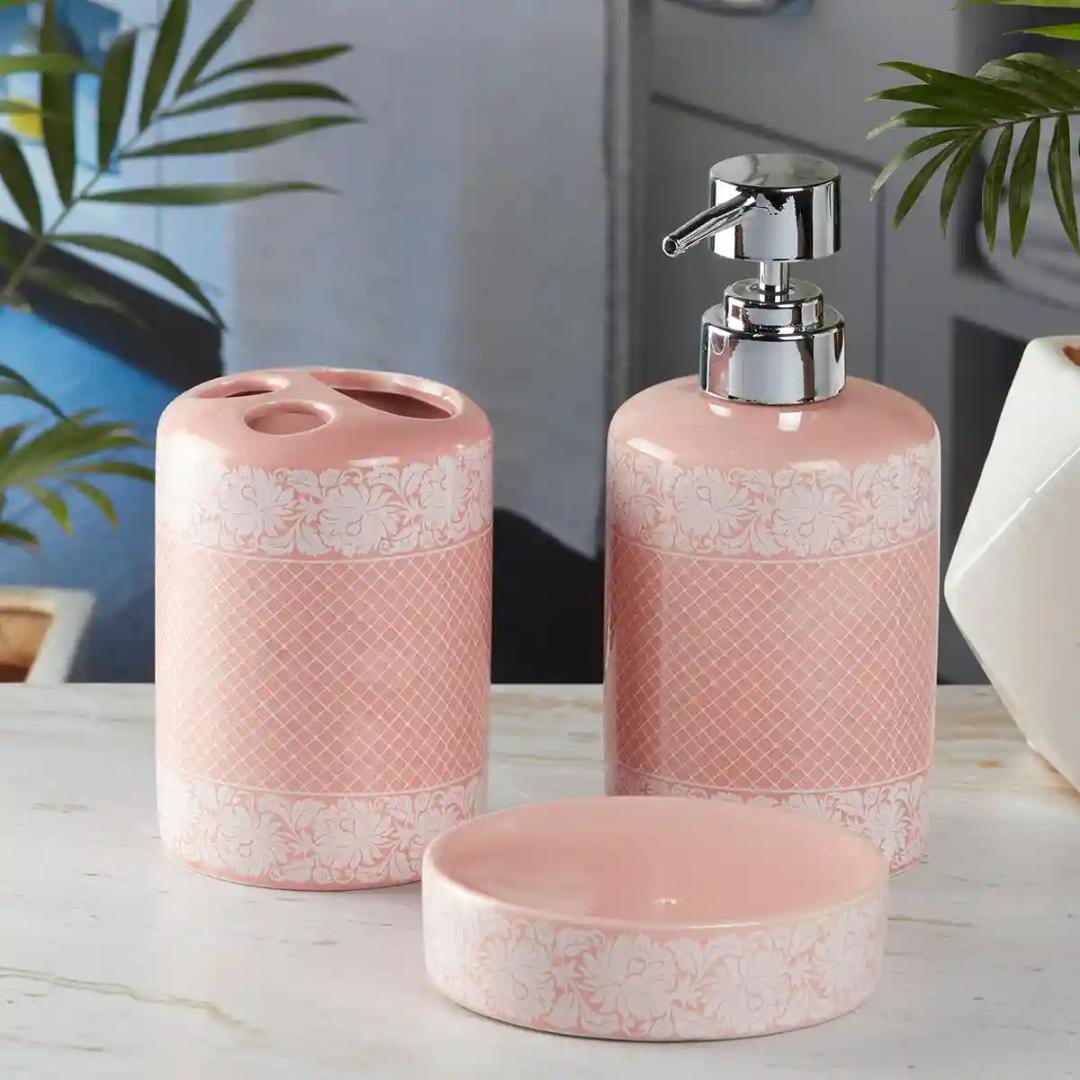 Kookee Ceramic Bathroom Accessories Set of 3, Modern Bath Set with Liquid handwash Soap Dispenser and Toothbrush holder, Luxury Gift Accessory for Home - Pink (5763)