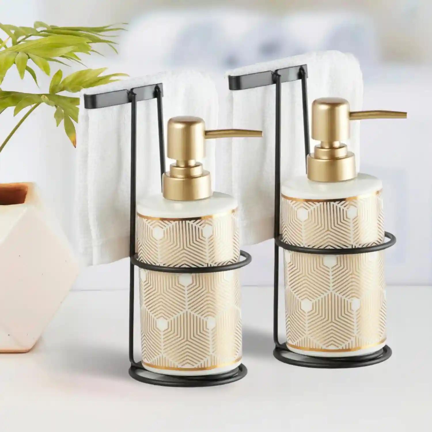 Kookee Ceramic Soap Dispenser for Bathroom hand wash, refillable pump bottle for Kitchen hand wash basin, Set of 2, White/Gold (11026)