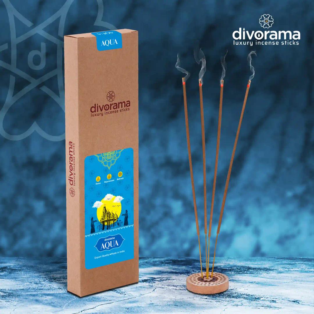 DivoRama Luxury Aqua Incense Sticks Agarbatti - 100% Indian Natural Aroma -  Long Lasting Aqua Agarbatti for Puja, Meditation, Happy Vibes - 60 Sticks-Pack of 1