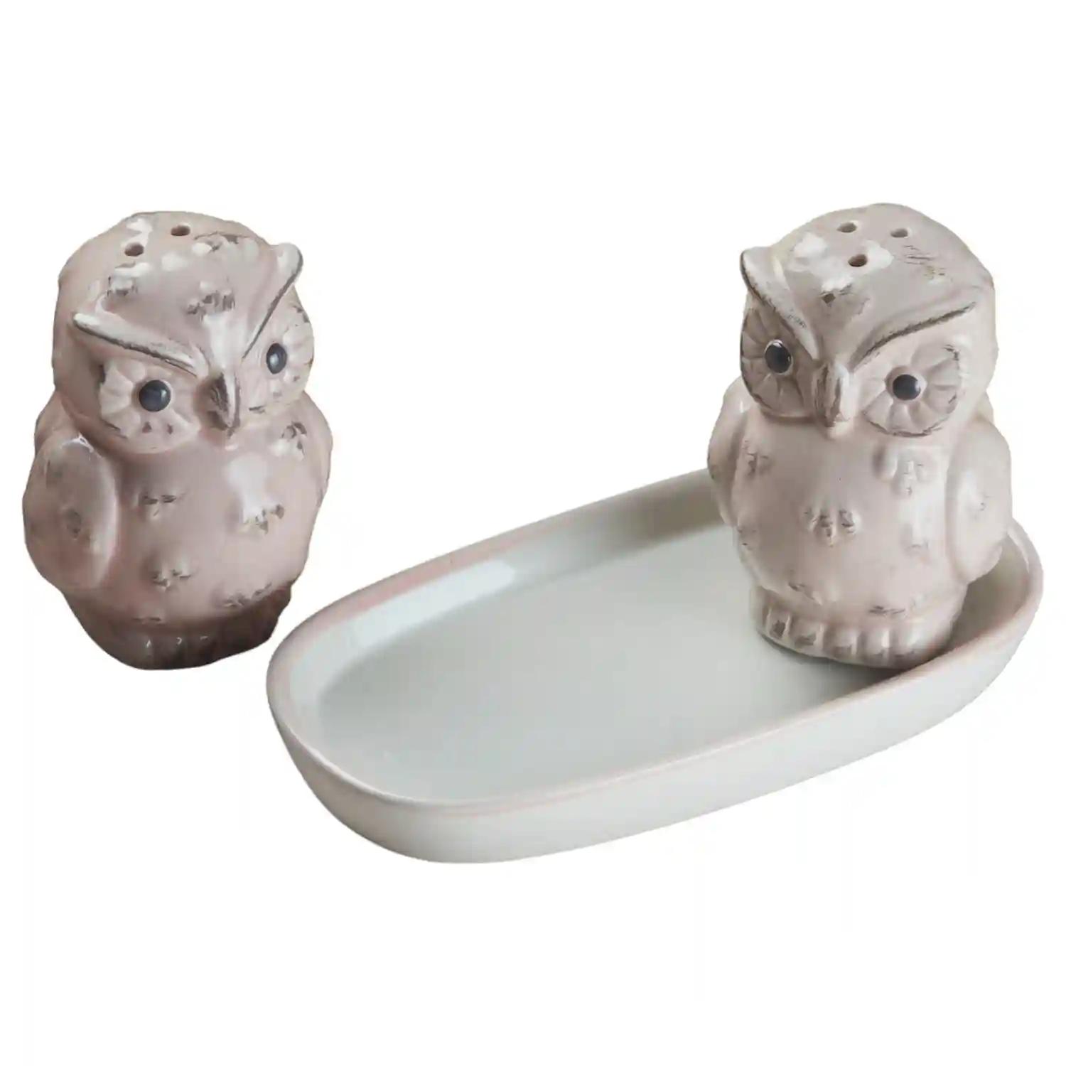 Kookee Ceramic Salt and Pepper Shakers Set with tray for Dining Table used as Namak Dhani, Shaker, Sprinkler, Spices Dispenser for Home, Kitchen and Restaurant, Owl Design, Pink