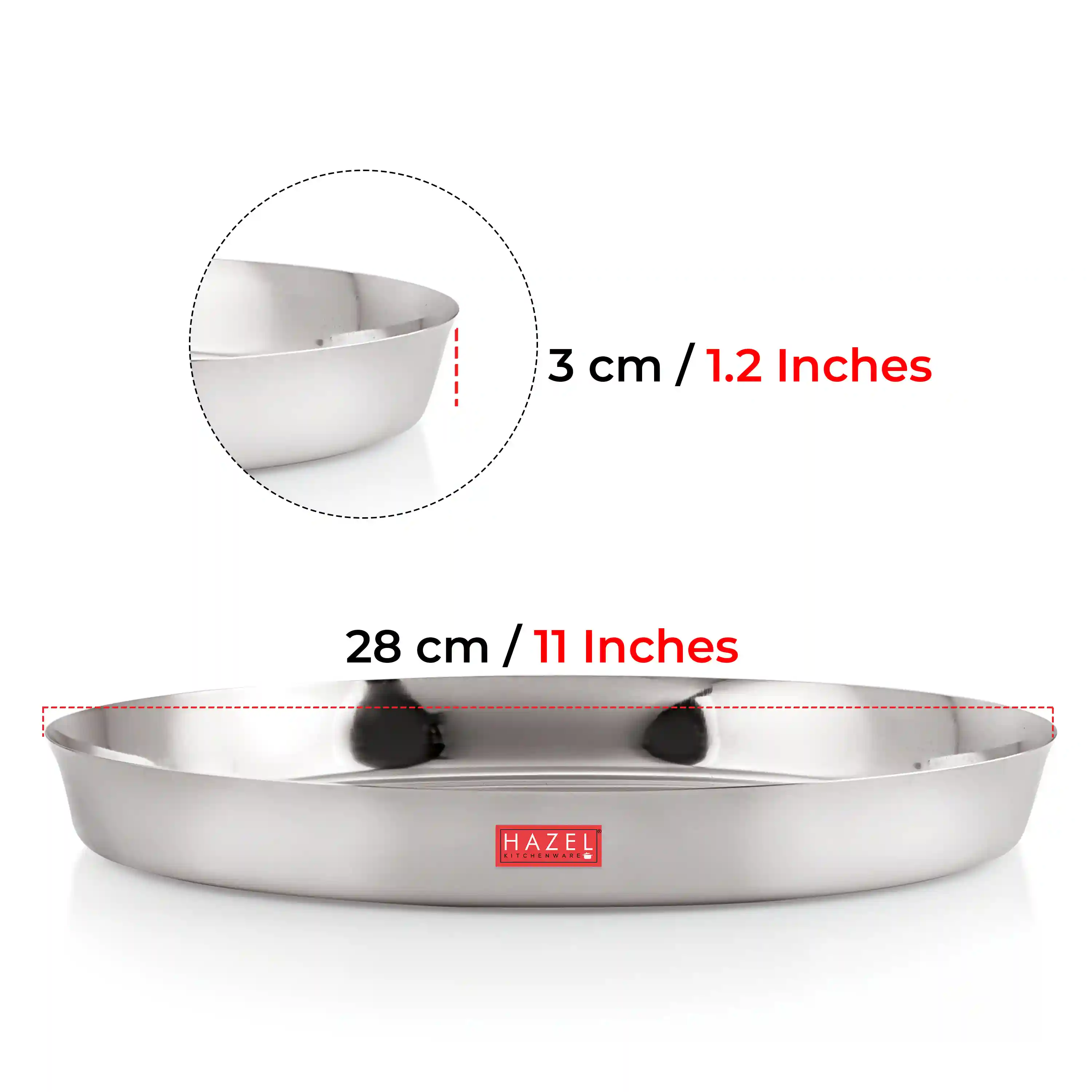 HAZEL Stainless Steel Plates Set | Premium Mirror Finish Thali Set Stainless Steel | Heavy Gauge Steel Plates Set for Dinner & Lunch Set of 3, 28 cm