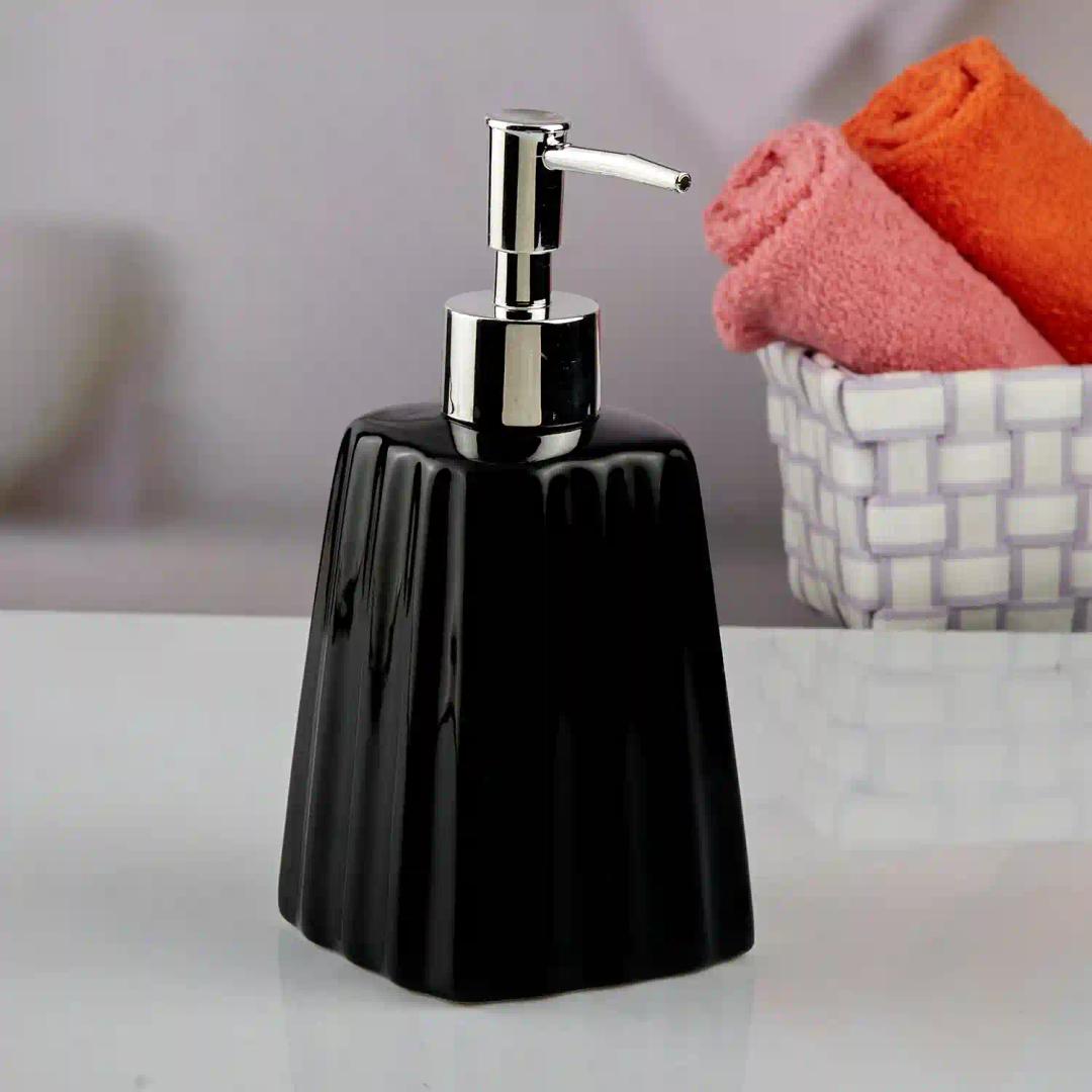 Kookee Ceramic Soap Dispenser for Bathroom hand wash, refillable pump bottle for Kitchen hand wash basin, Set of 1, Black (10598)