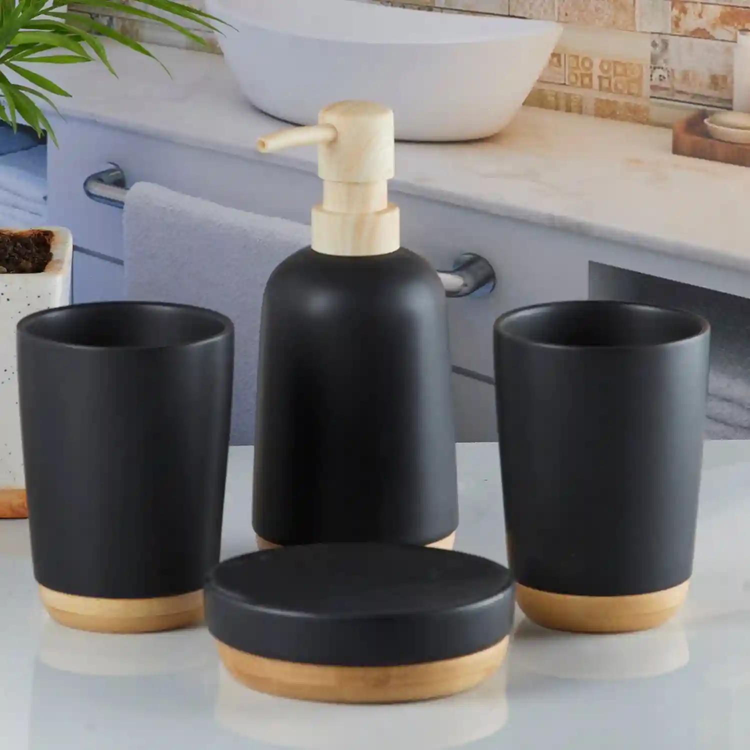 Kookee Ceramic Bathroom Accessories Set of 4, Modern Bath Set with Liquid handwash Soap Dispenser and Toothbrush holder, Luxury Gift Accessory for Home - Black (9619)