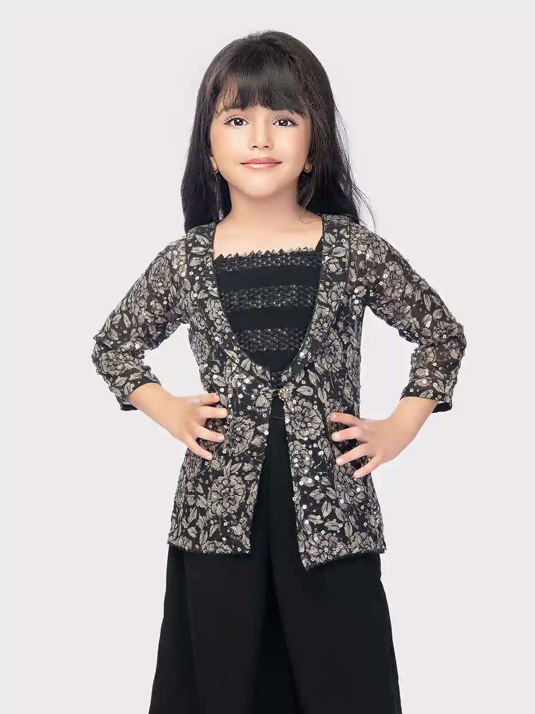 Betty Black Colored Georgette Fabric Stitched Palazzo Set along with Printed Jacket - 5-6 Yrs