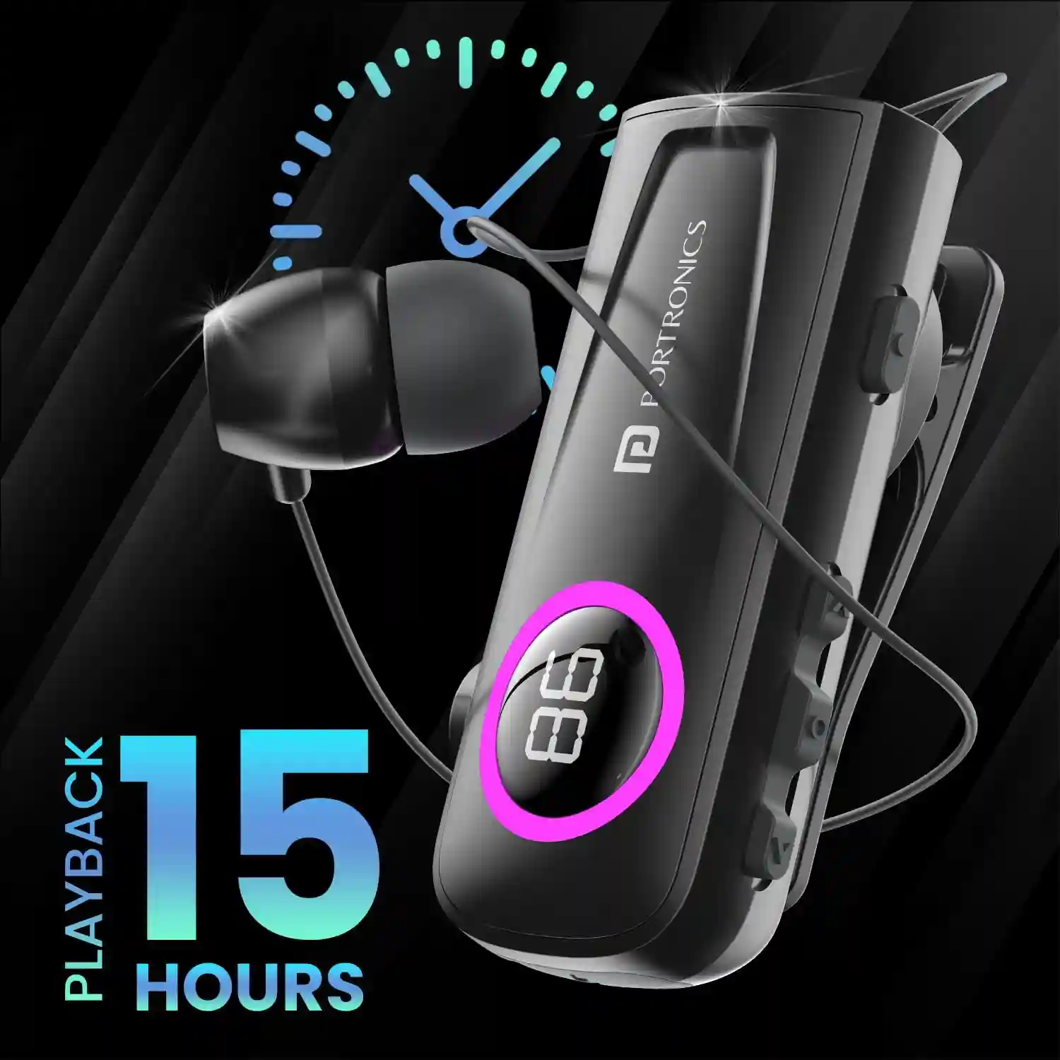 Portronics Harmonics Klip 5 Retractable Bluetooth Calling Earphone with Upto 15 Hour Playback, Vibration Prompt, LED Battery Display, HD Clarity Mic, Voice Assistance, Type C Charging(Black)