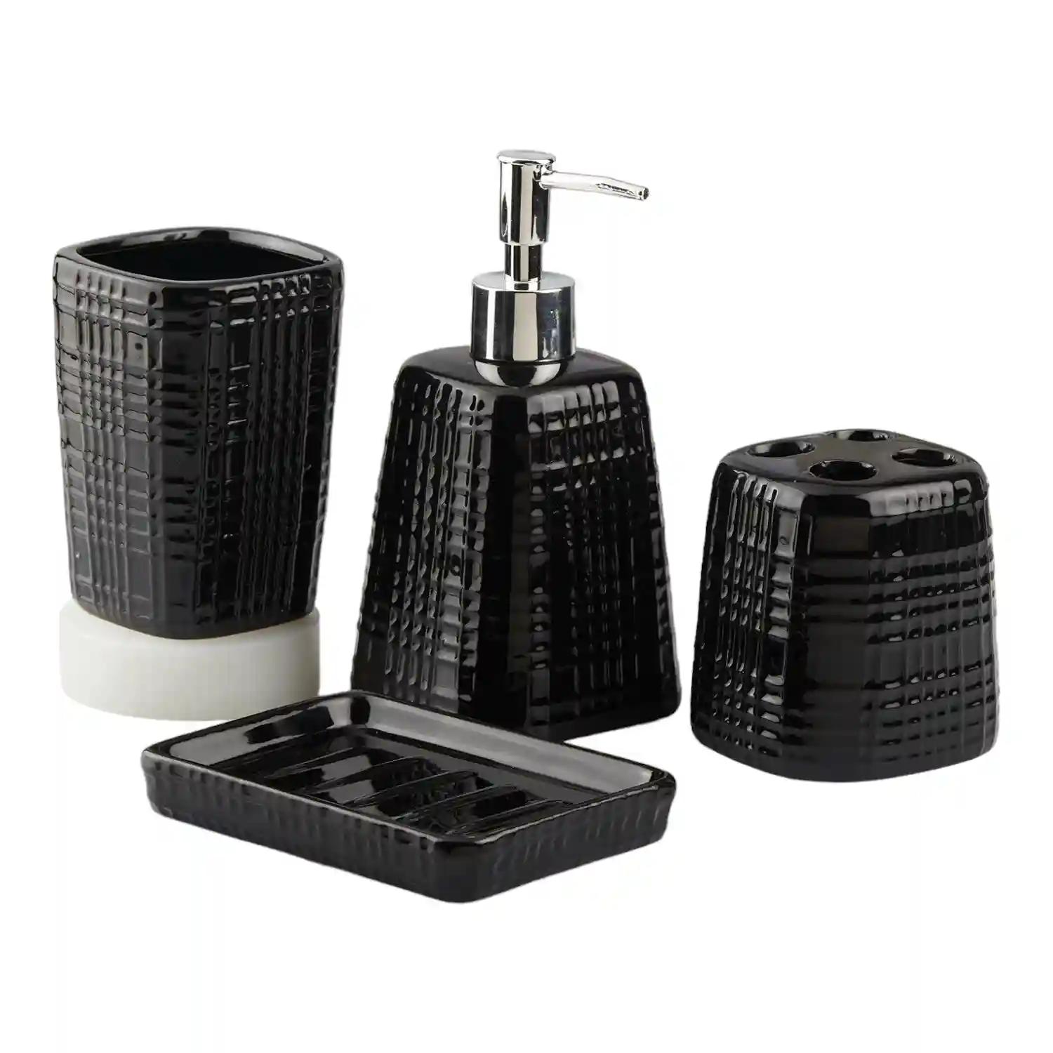 Kookee Ceramic Bathroom Accessories Set of 4, Modern Bath Set with Liquid hand wash Soap Dispenser and Toothbrush holder, Luxury Gift Accessory for Home, Black (10467)