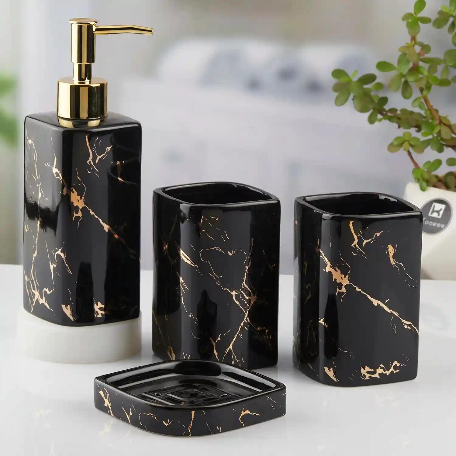 Kookee Ceramic Bathroom Accessories Set of 4, Modern Bath Set with Liquid hand wash Soap Dispenser and Toothbrush holder, Luxury Gift Accessory for Home, Black (10399)