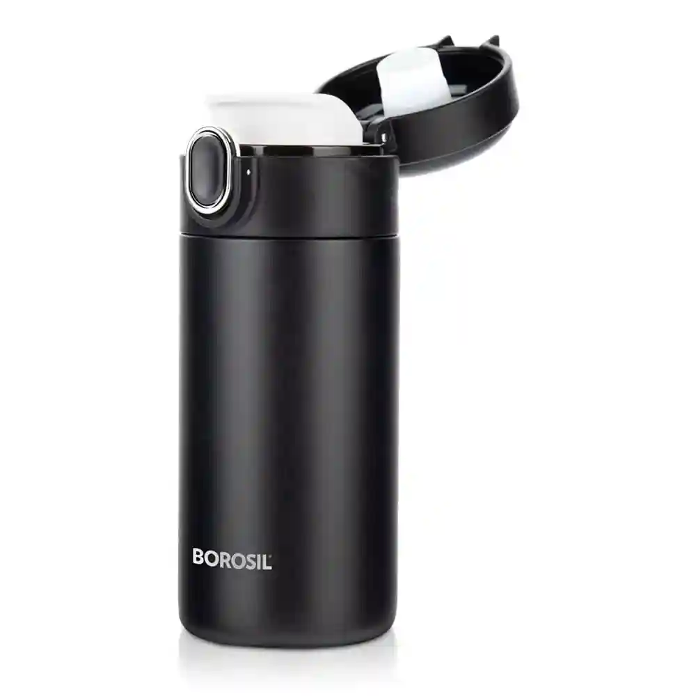 BOROSIL Stainless Steel Hydra Double Wall Vacuum Insulated Traveller Flask, (Black, 300 ml)
