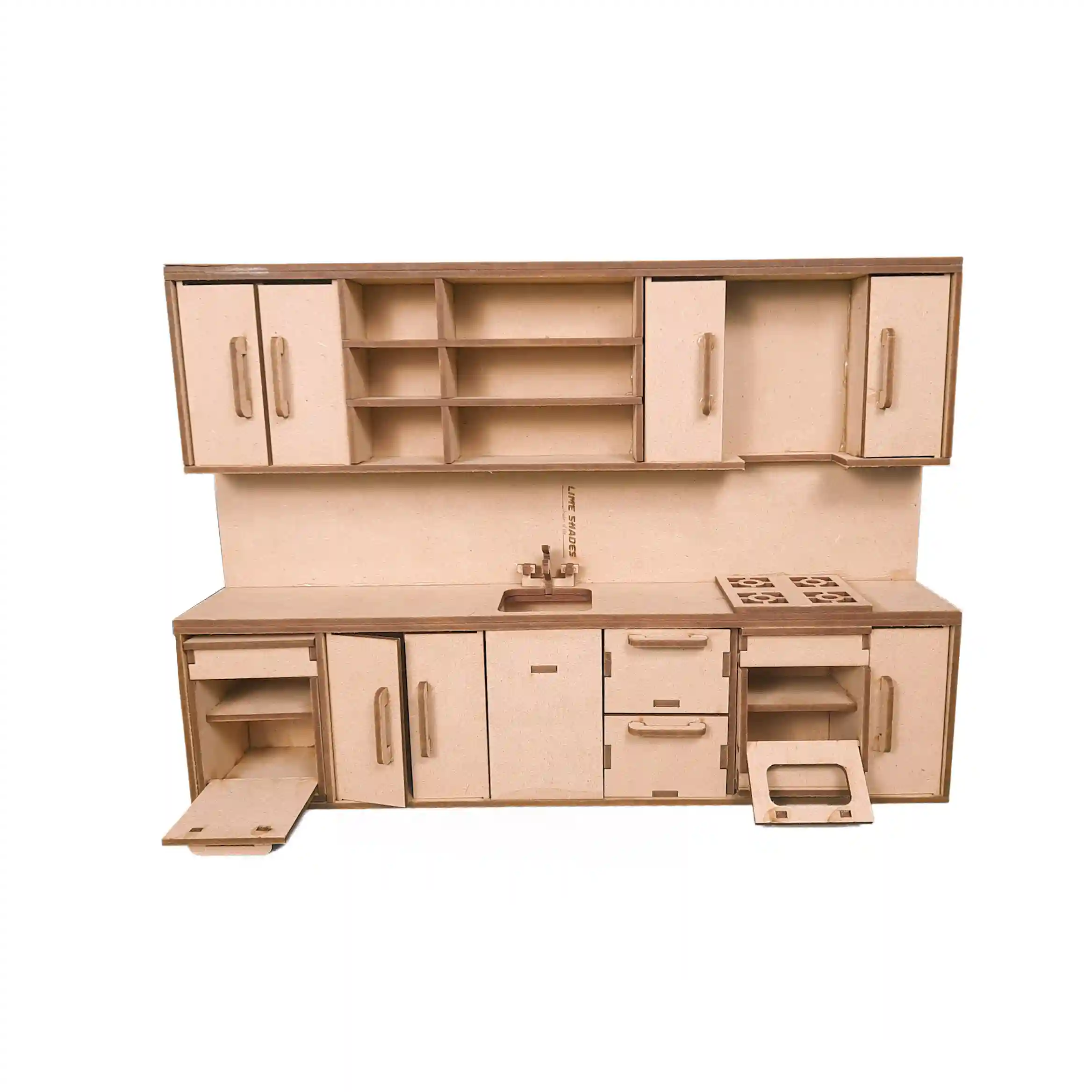 complete modular miniature kitchen set with set of 7 miniature furniture in MDF wood for playing and decoration