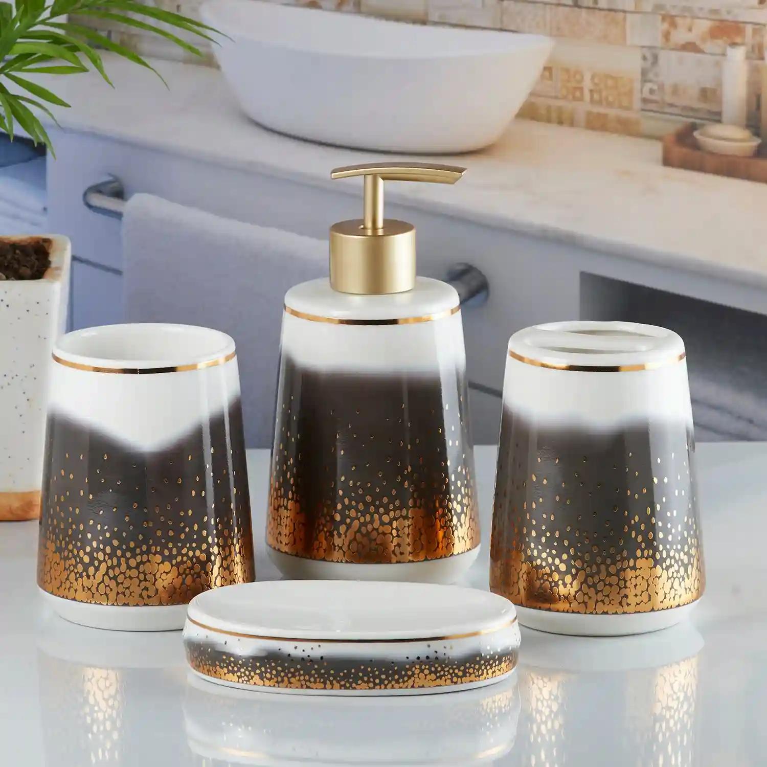 Kookee Ceramic Bathroom Accessories Set of 4, Modern Bath Set with Liquid handwash Soap Dispenser and Toothbrush holder, Luxury Gift Accessory for Home - Multicolor (10177)