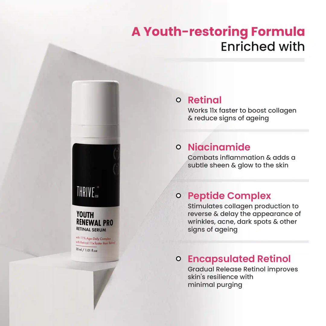 ThriveCo Youth Renewal Serum Pro For Anti-Ageing | Reduce Fine lines, Acne, Wrinkles | 30ml | Retinal serum: 11X Faster Than Your Retinol Serum | For Seasoned Retinol Users | Men & Women