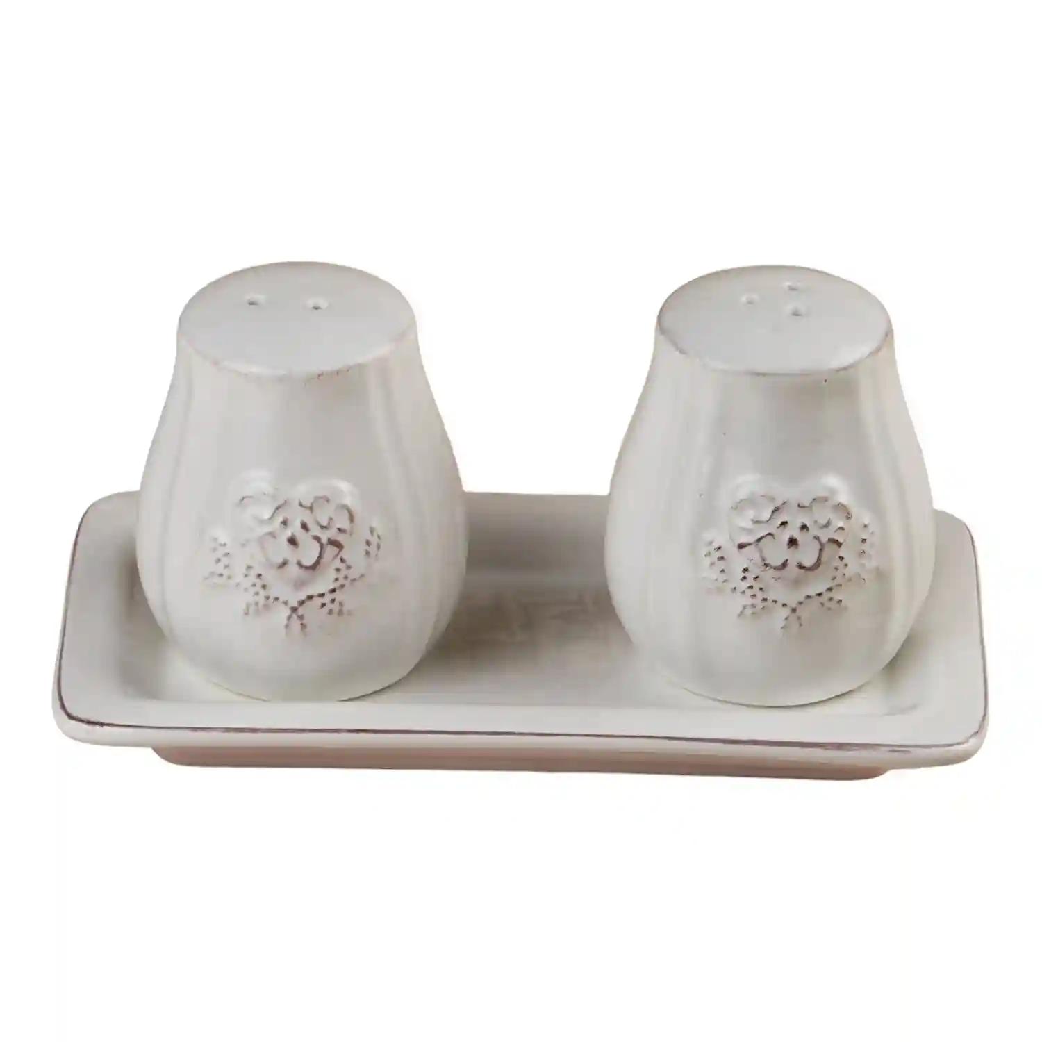 Kookee Ceramic Salt and Pepper Shakers Set with tray for Dining Table used as Namak Dhani, Shaker, Sprinkler, Spices Dispenser for Home, Kitchen and Restaurant, White (10656)