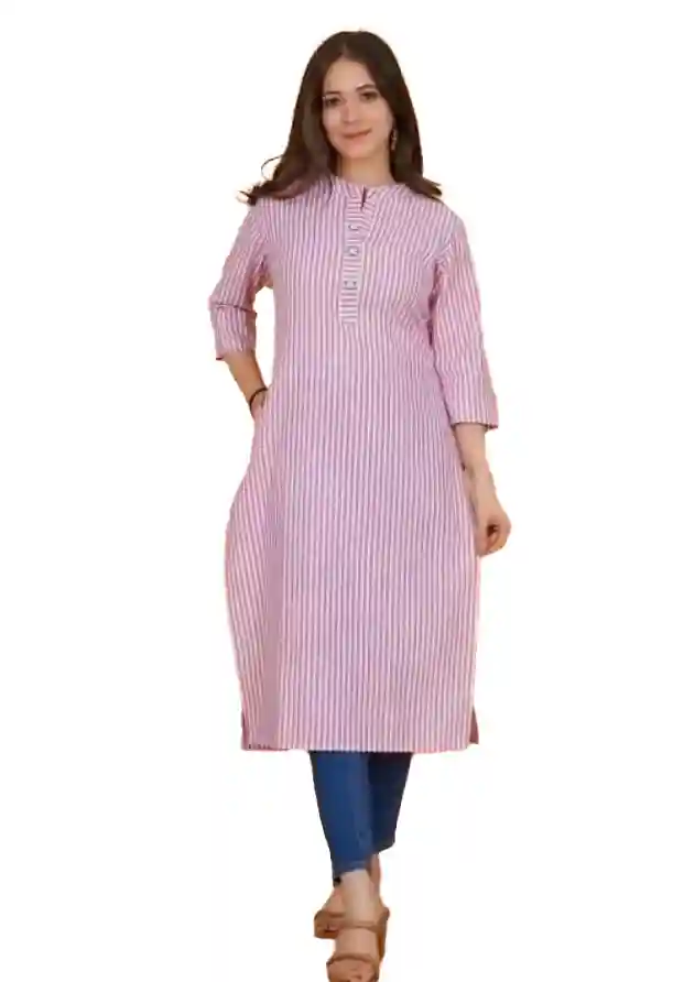 TrendzyKart Women's Cotton Blend Striped Pattern Calf Length A-line Kurti (Lavender, L)
