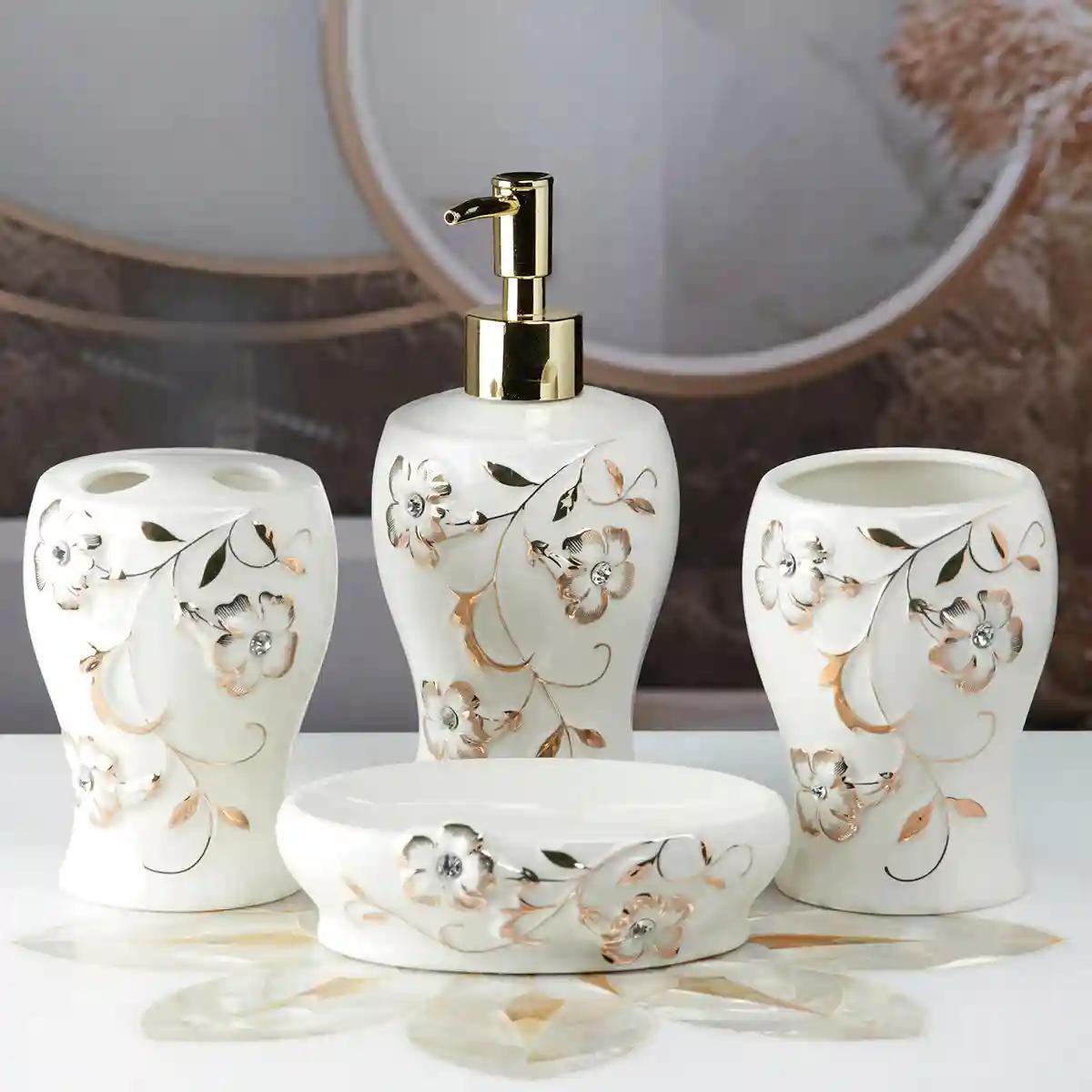 Kookee Ceramic Bathroom Accessories Set of 4, Modern Bath Set with Liquid handwash Soap Dispenser and Toothbrush holder, Luxury Gift Accessory for Home - White (10094)