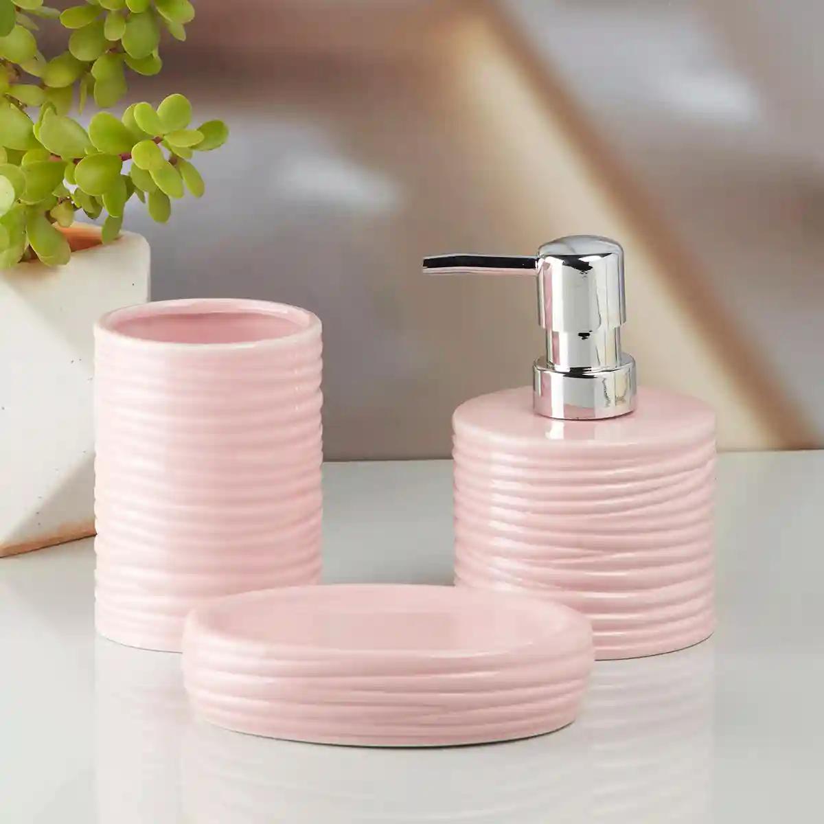 Kookee Ceramic Bathroom Accessories Set of 3, Modern Bath Set with Liquid handwash Soap Dispenser and Toothbrush holder, Luxury Gift Accessory for Home - Pink (10196)