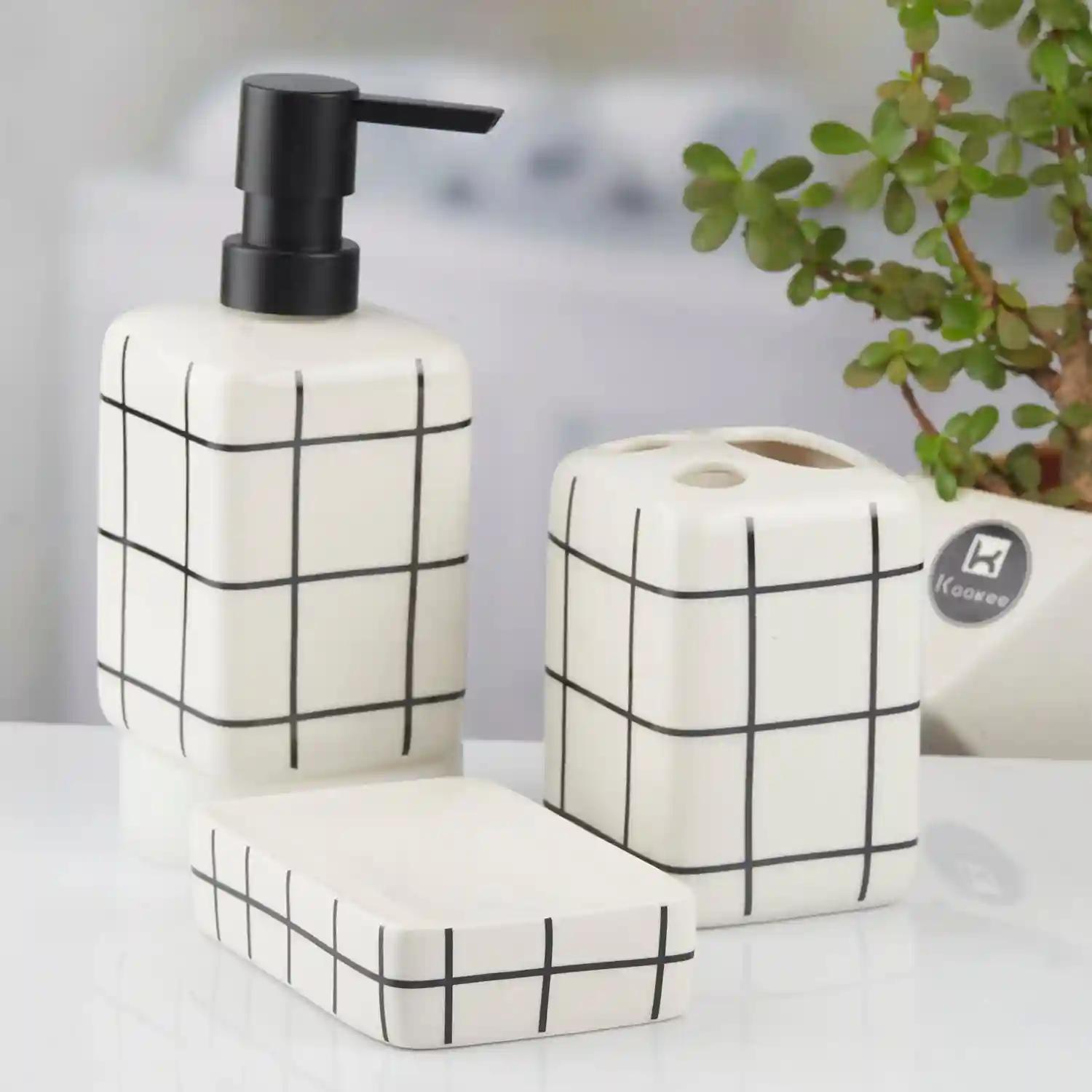 Kookee Ceramic Bathroom Accessories Set of 3, Modern Bath Set with Liquid hand wash Soap Dispenser and Toothbrush holder, Luxury Gift Accessory for Home, White/Black (10717)