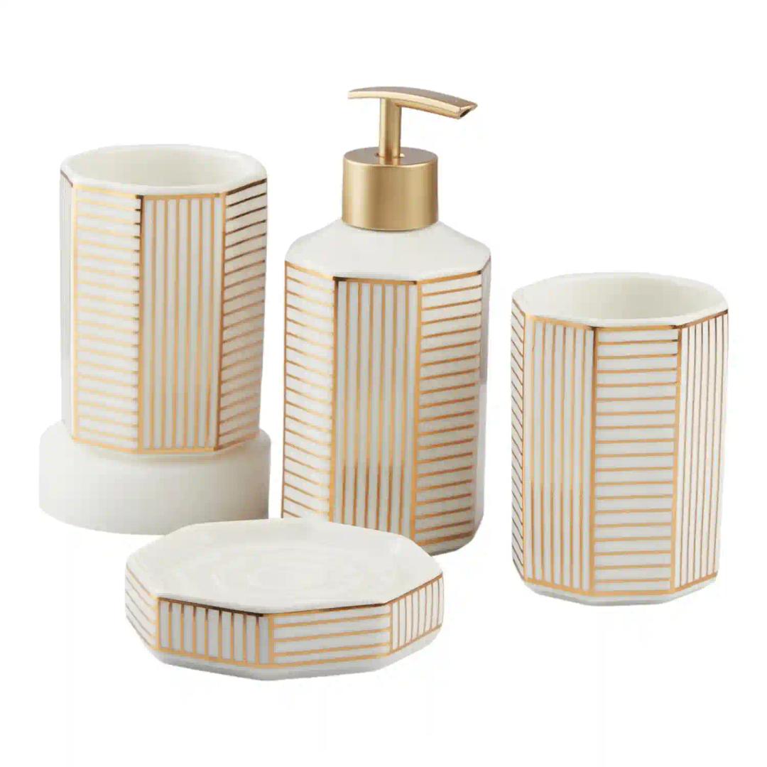 Kookee Ceramic Bathroom Accessories Set of 4, Modern Bath Set with Liquid hand wash Soap Dispenser and Toothbrush holder, Luxury Gift Accessory for Home, White/Gold (10388)